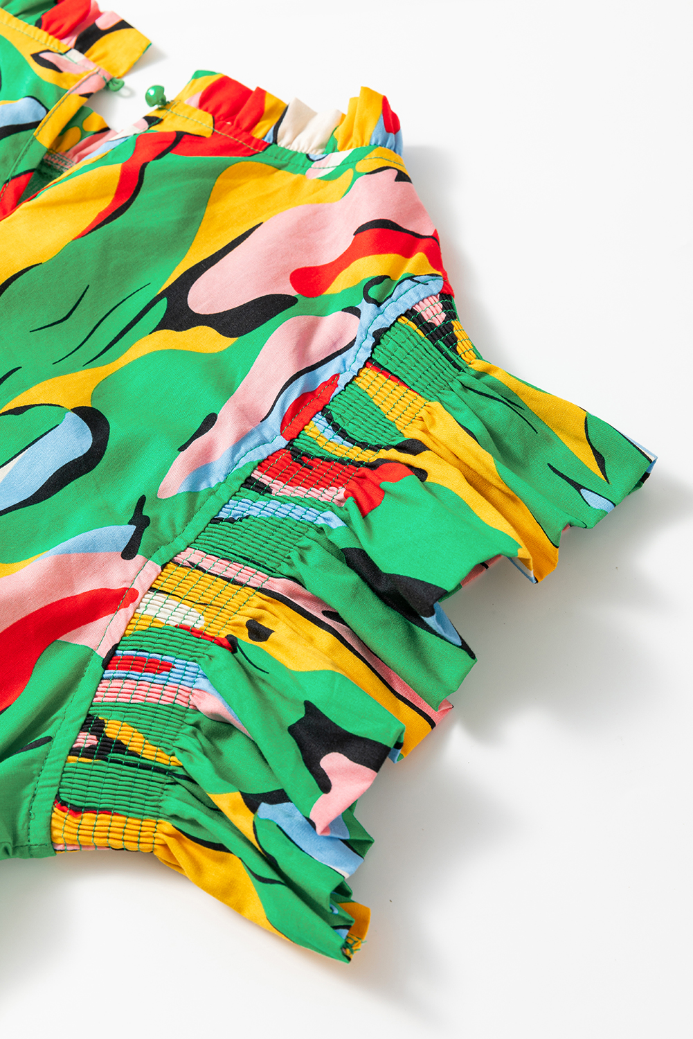 Green Abstract Print Frilled Neck Ruffled Sleeve Mini Dress - loveforevers