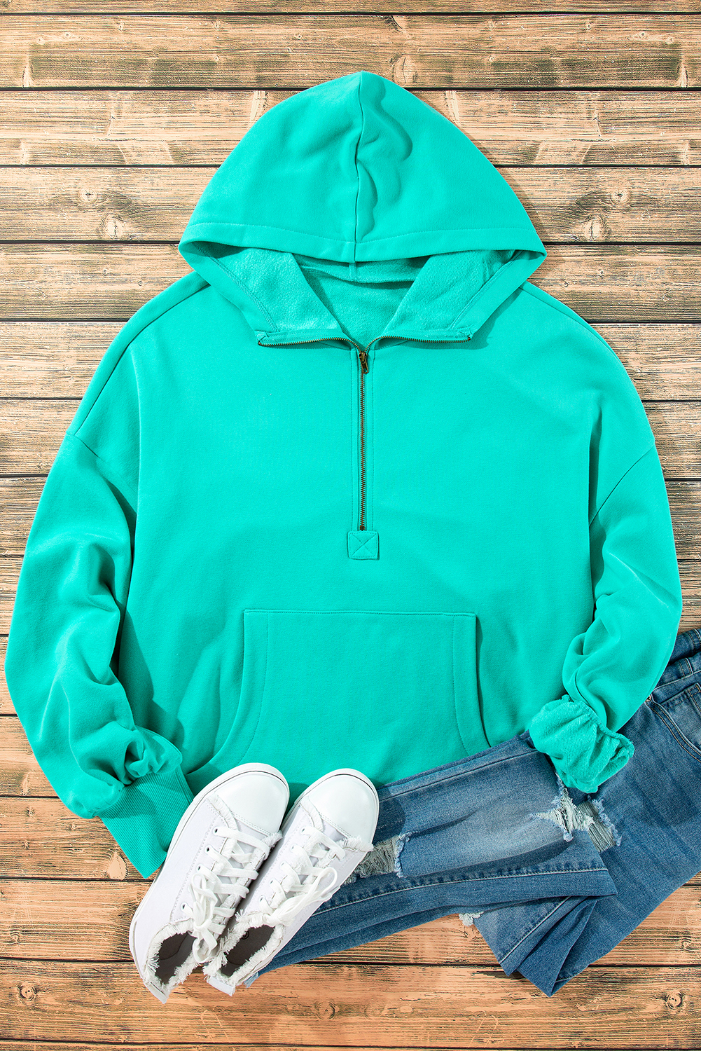 Bonbon Fleece Lined Half Zipper Kangaroo Pockets Loose Hoodie - loveforevers