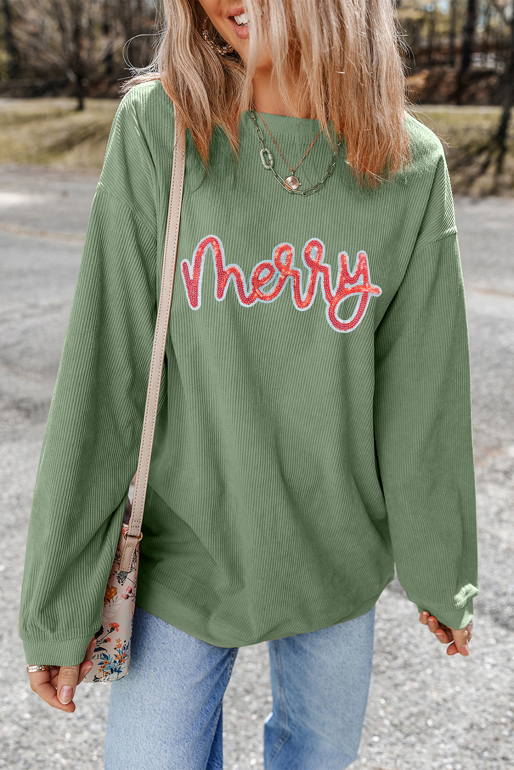 Grass Green Sequined merry Letter Graphic Twisted Ribbed Baggy Sweatshirt - loveforevers