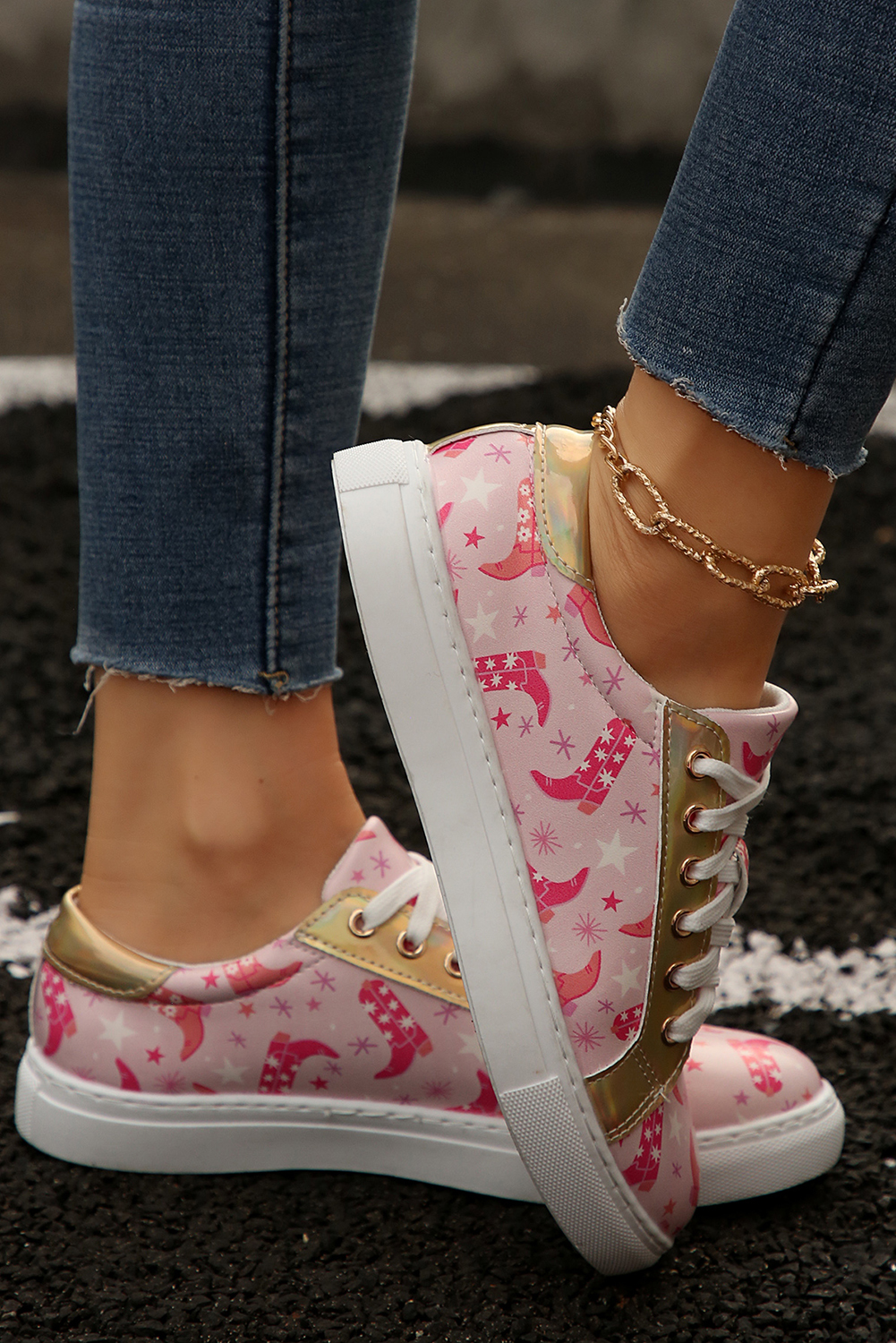 Pink Boots Print PU Leather Lace-up Shoes - loveforevers