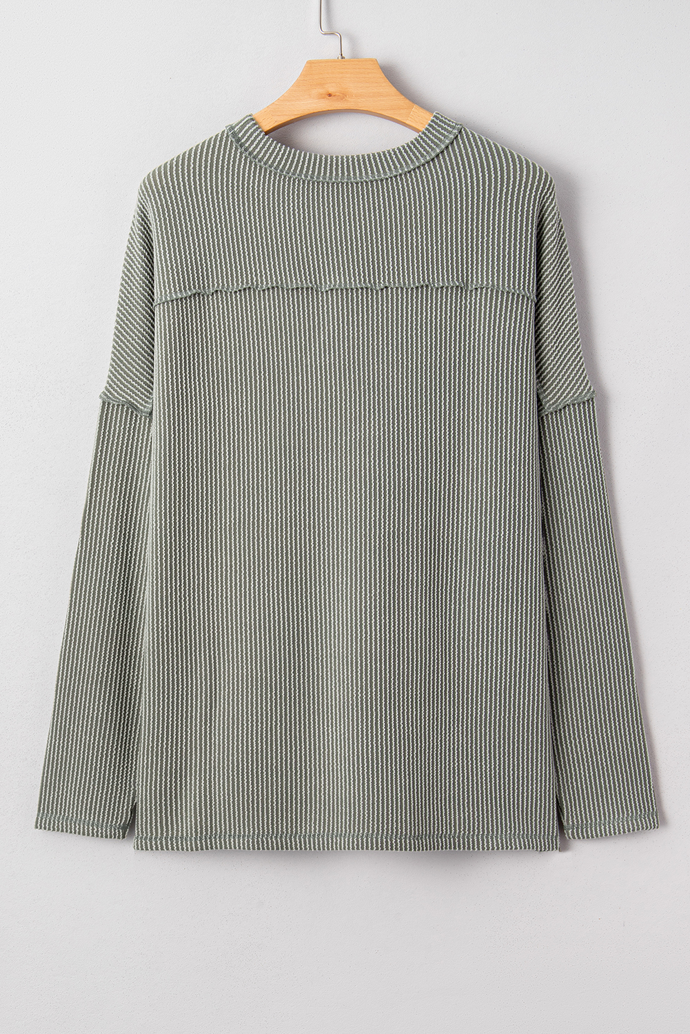 Dark Khaki Twist Ribbed Exposed Seam Detail Long Sleeve Loose Top - loveforevers