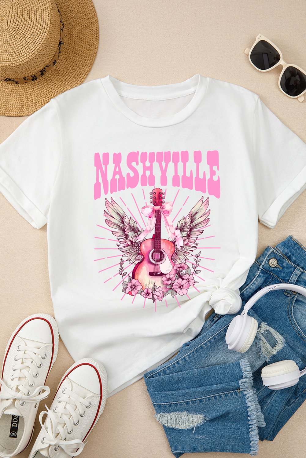 White NASHVILLE Guitar Graphic Music Festival T Shirt - loveforevers