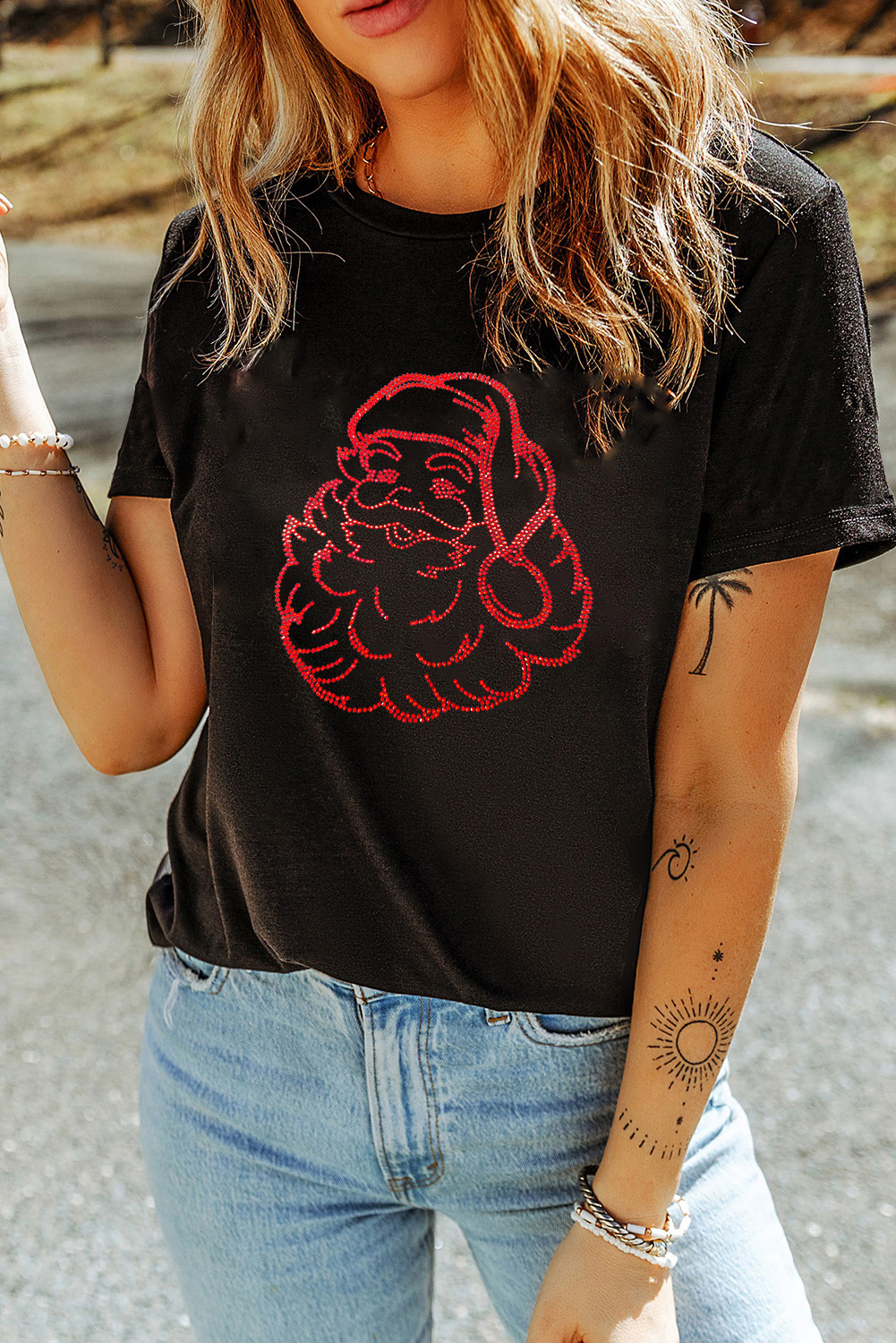 Black Rhinestone Santa Claus Christmas Graphic T Shirt - loveforevers