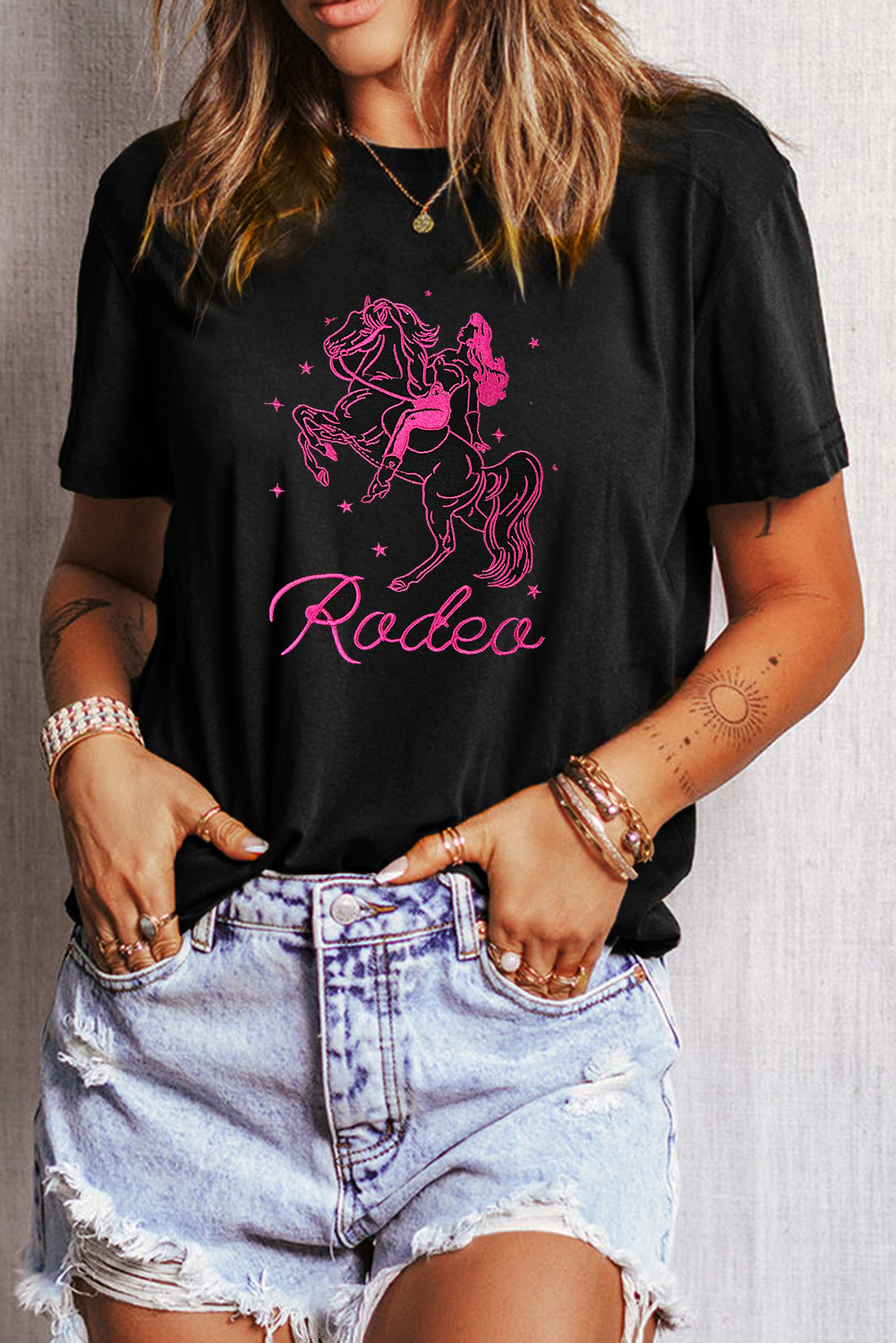 Black Cowgirl Rodeo Embroidered Pattern Western Fashion Tee - loveforevers