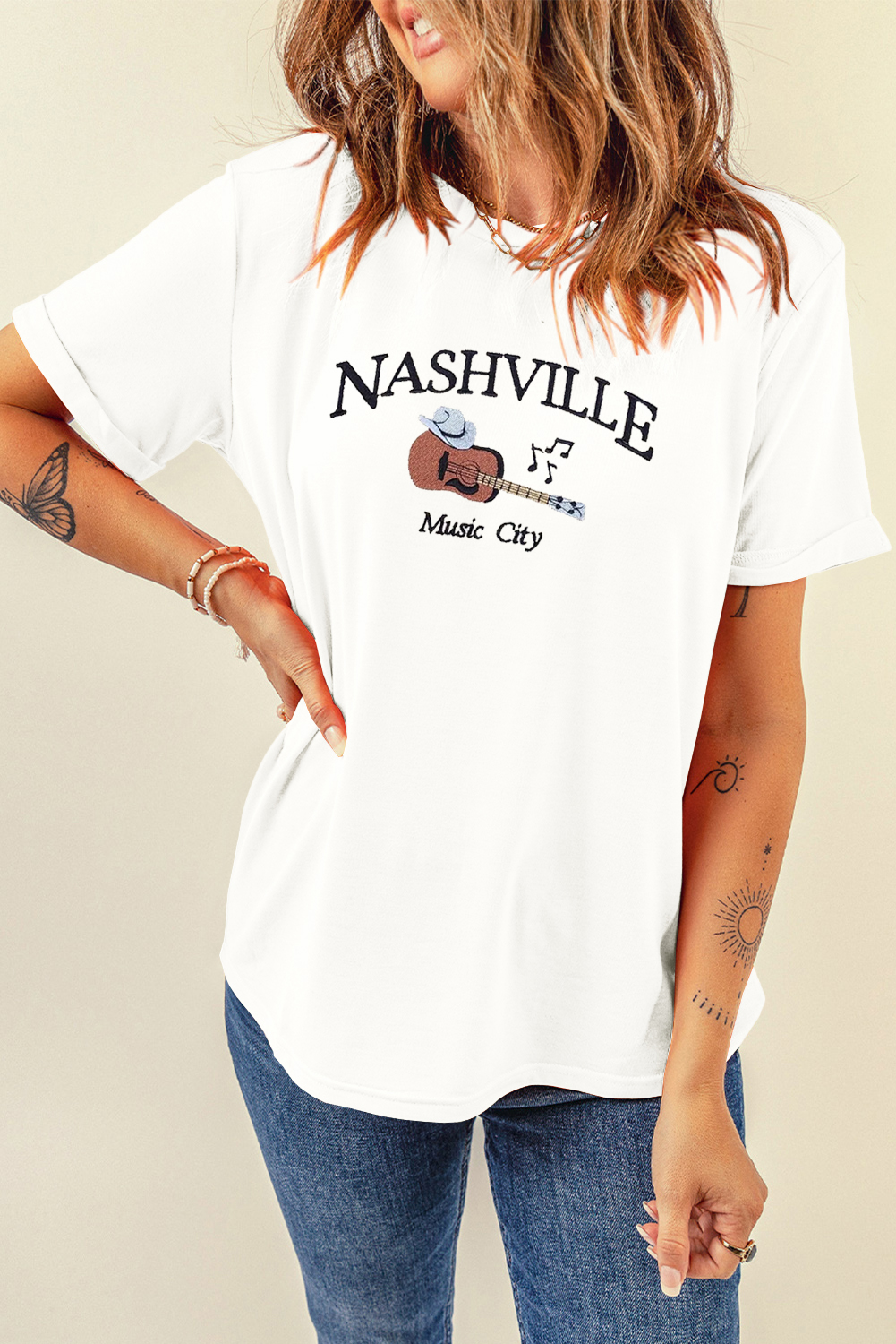 White Guitar NASHVILLE Music City Print Crewneck Tee - loveforevers