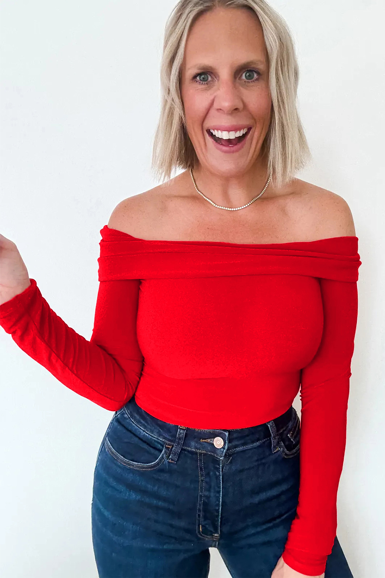 Fiery Red Foldover Off Shoulder Long Sleeve Slim Top - loveforevers