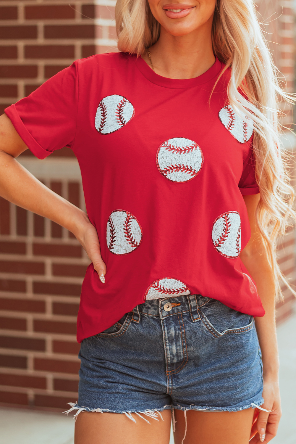 Red Glittering Rugby Pattern Crew Neck Game Day T Shirt - loveforevers