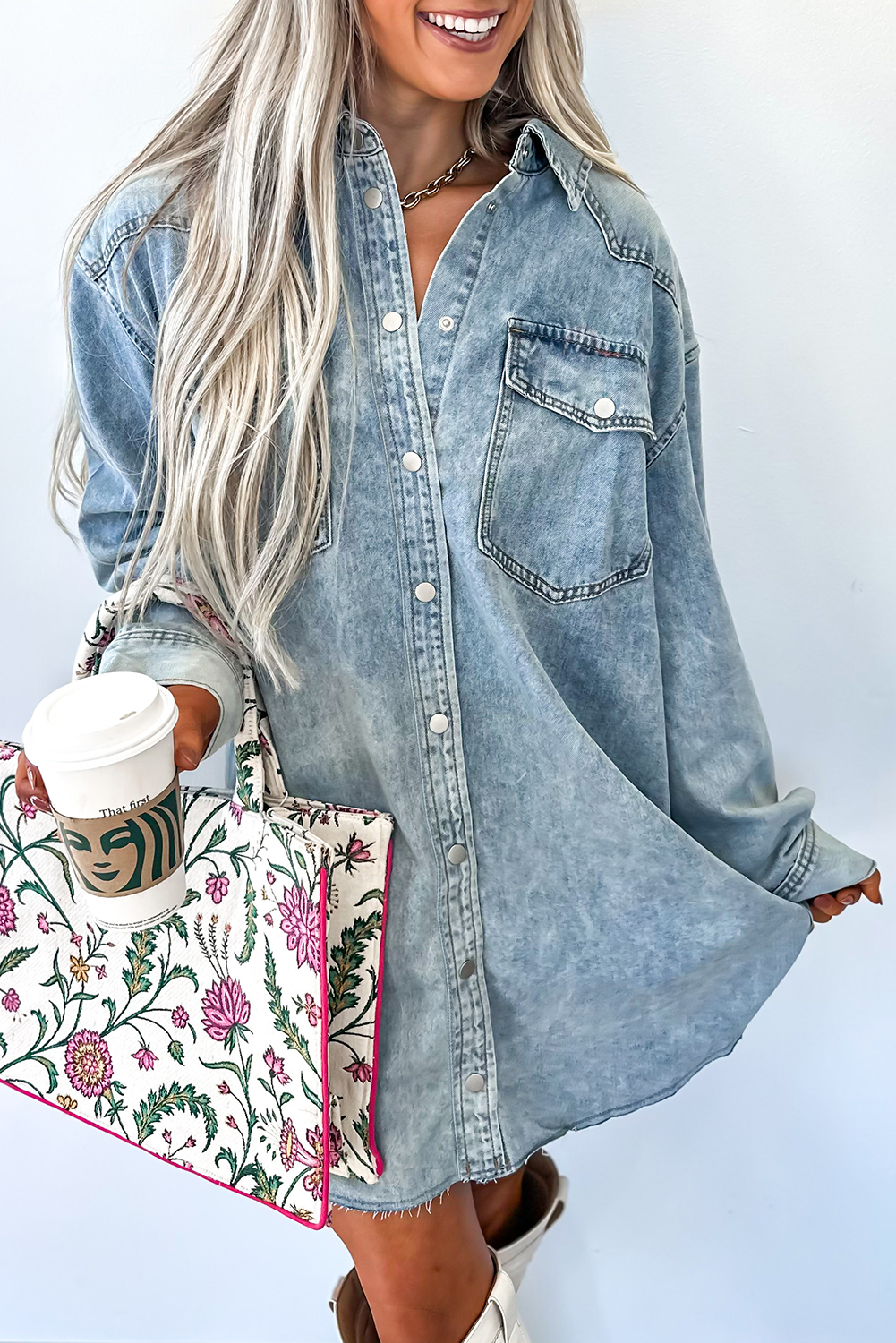 Blue Beau Chest Pocket Raw Hem Denim Loose Shirt Dress - loveforevers
