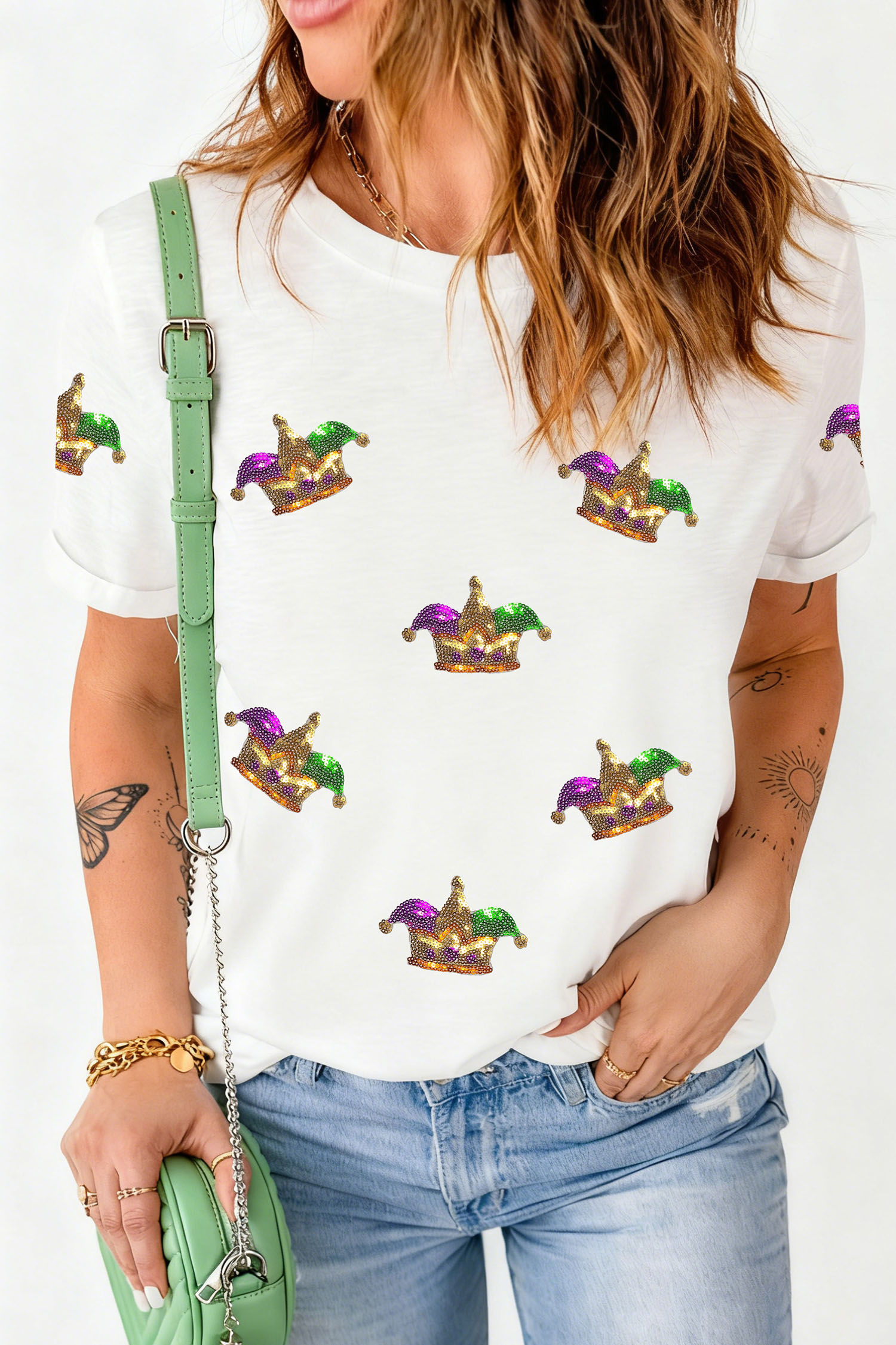 White Mardi Gras Sequin Crown Womens Casual T Shirt - loveforevers