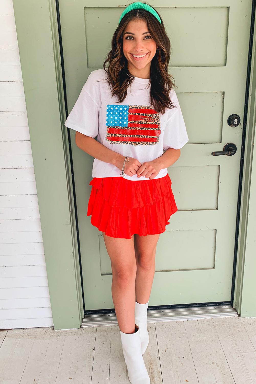 White Leopard Insert American Flag Pattern Cotton Blend T Shirt - loveforevers