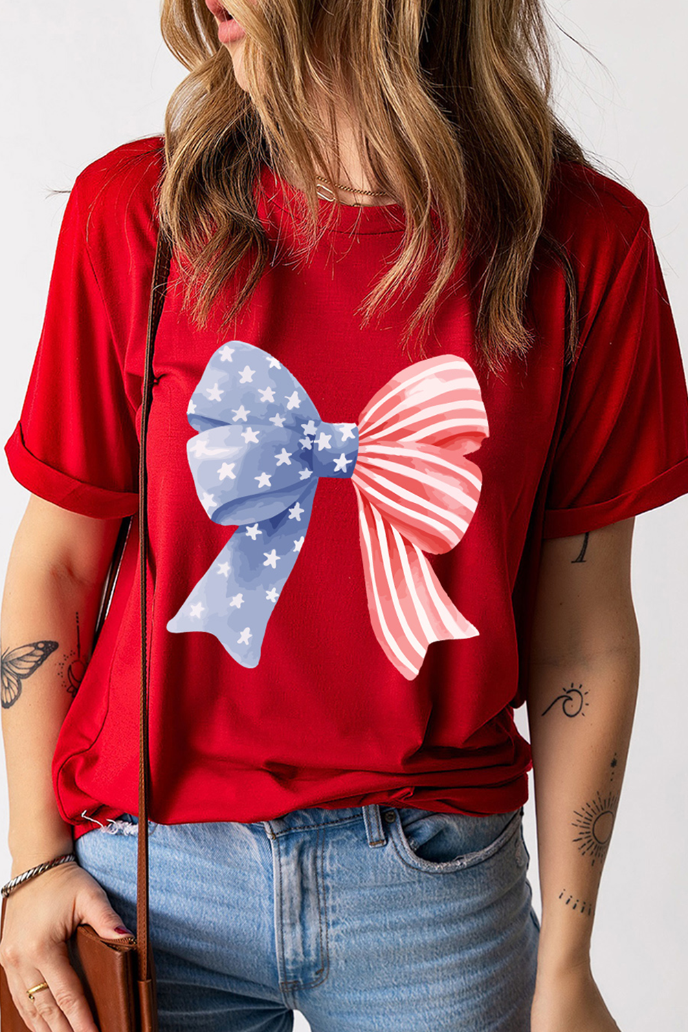 Red Stars and Stripes Bow Print Independence Day T Shirt - loveforevers