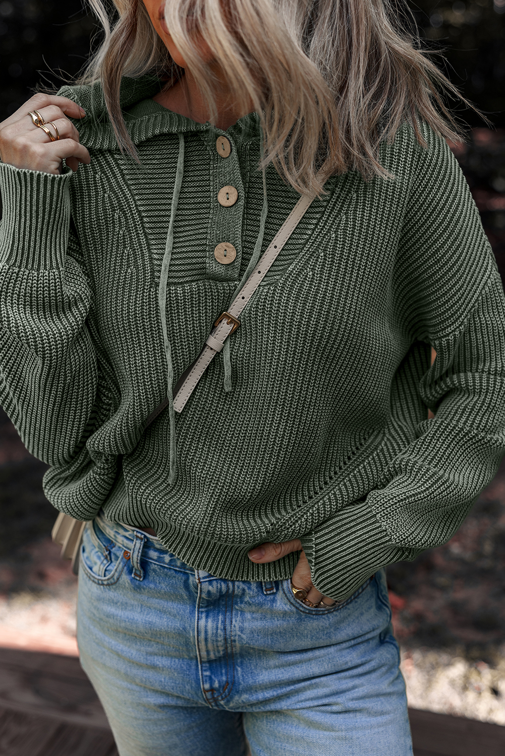 Mist Green Mineral Wash Ribbed Knit Button Drawstring Neck Hooded Sweater - loveforevers