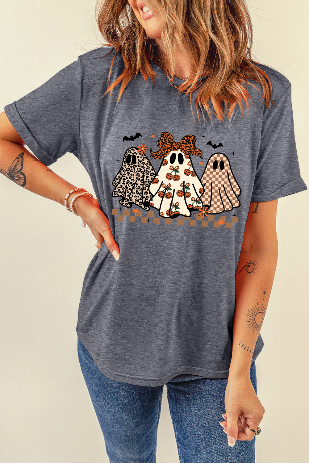 Gray Cute Halloween Ghost Printed Womens Casual Tee - loveforevers