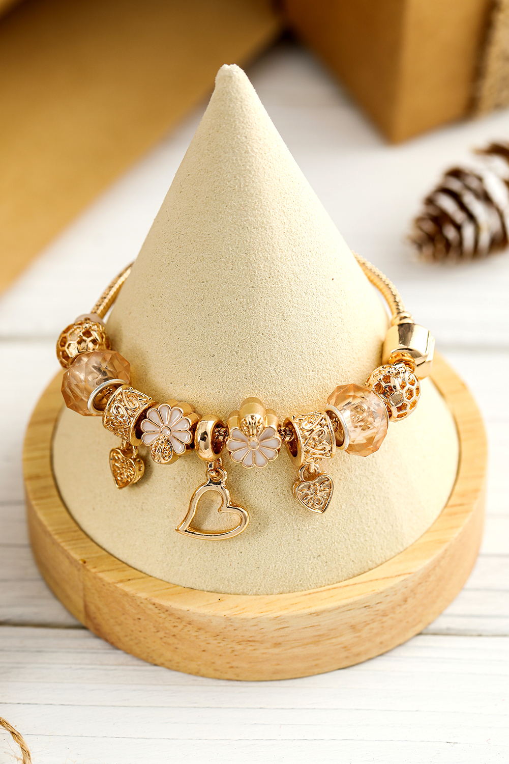 Gold Flower Heart Charm Plated Alloy Bracelet - loveforevers
