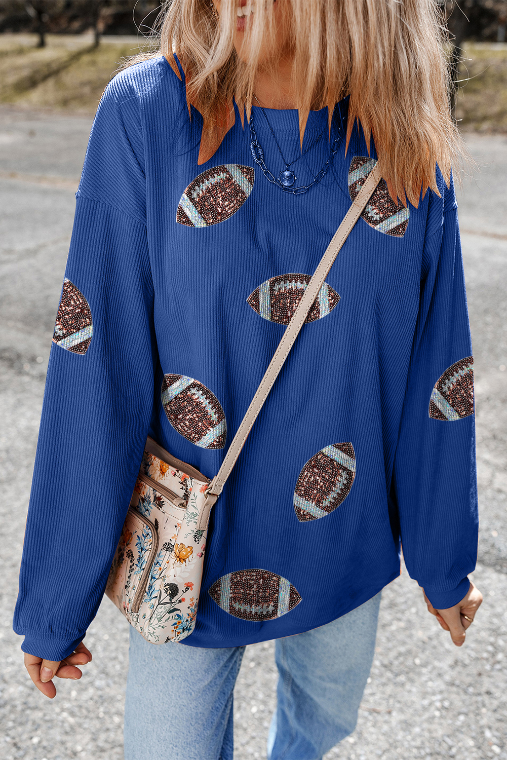 Dark Blue 3D Ribbed Texture Sequin Rugby Patched Baggy Sweatshirt - loveforevers