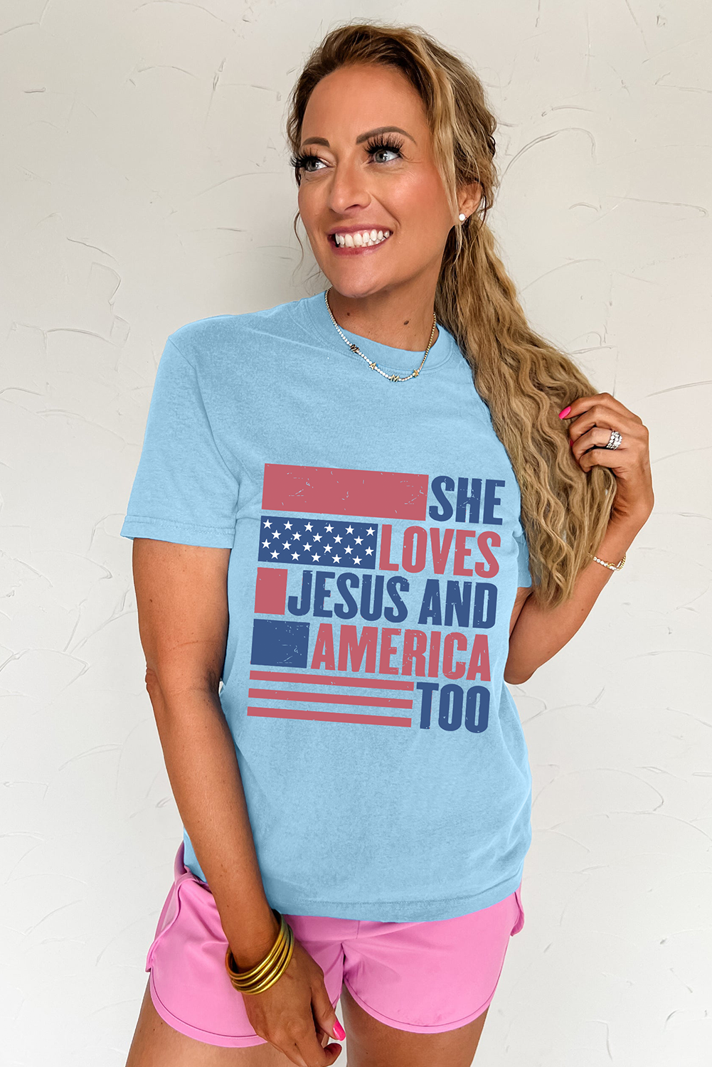 Light Blue SHE LOVES JESUS AND AMERICA TOO Flag Graphic T Shirt - loveforevers