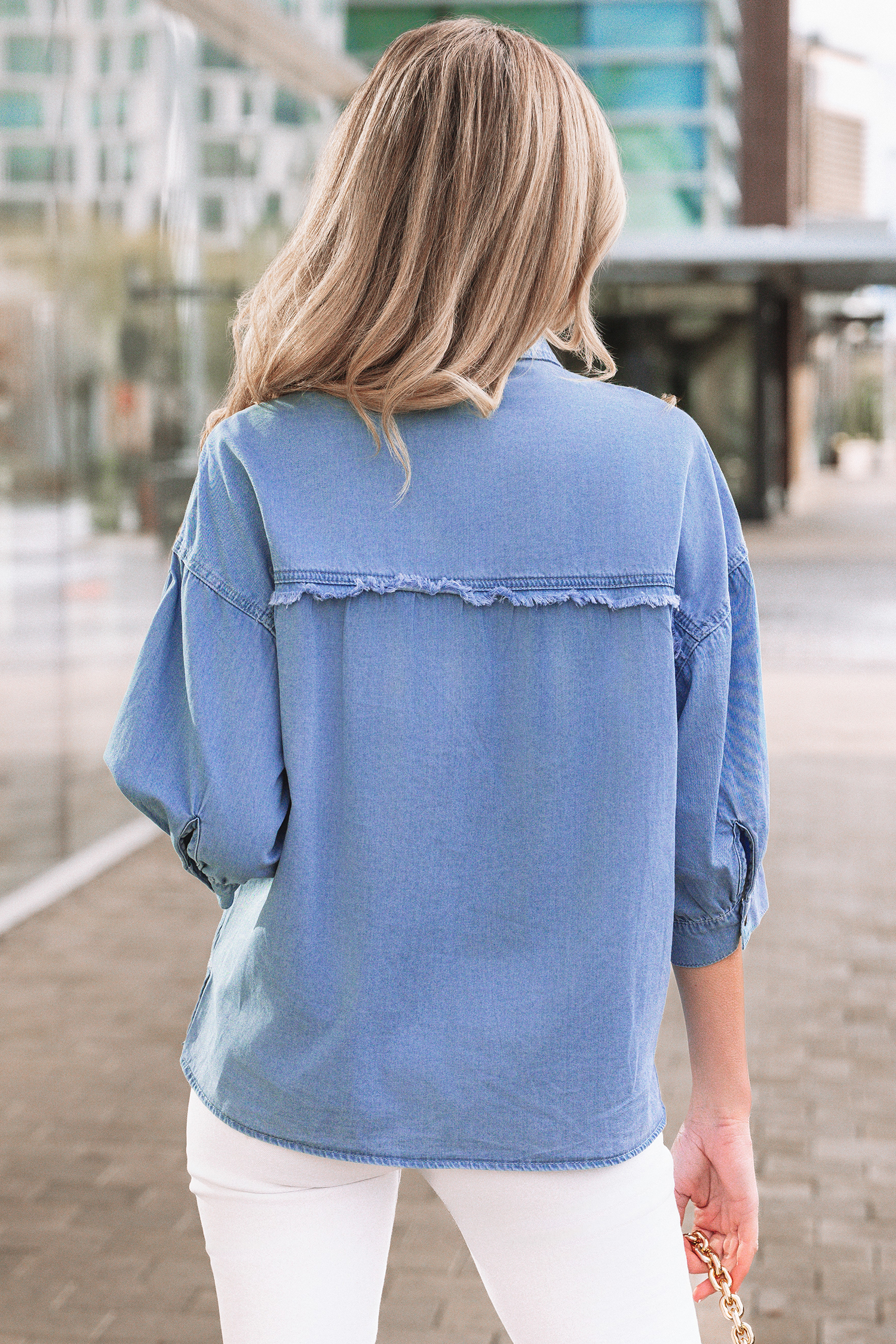 Myosotis Washed Drop Shoulder Bracelet Sleeve Chambray Shirt - loveforevers