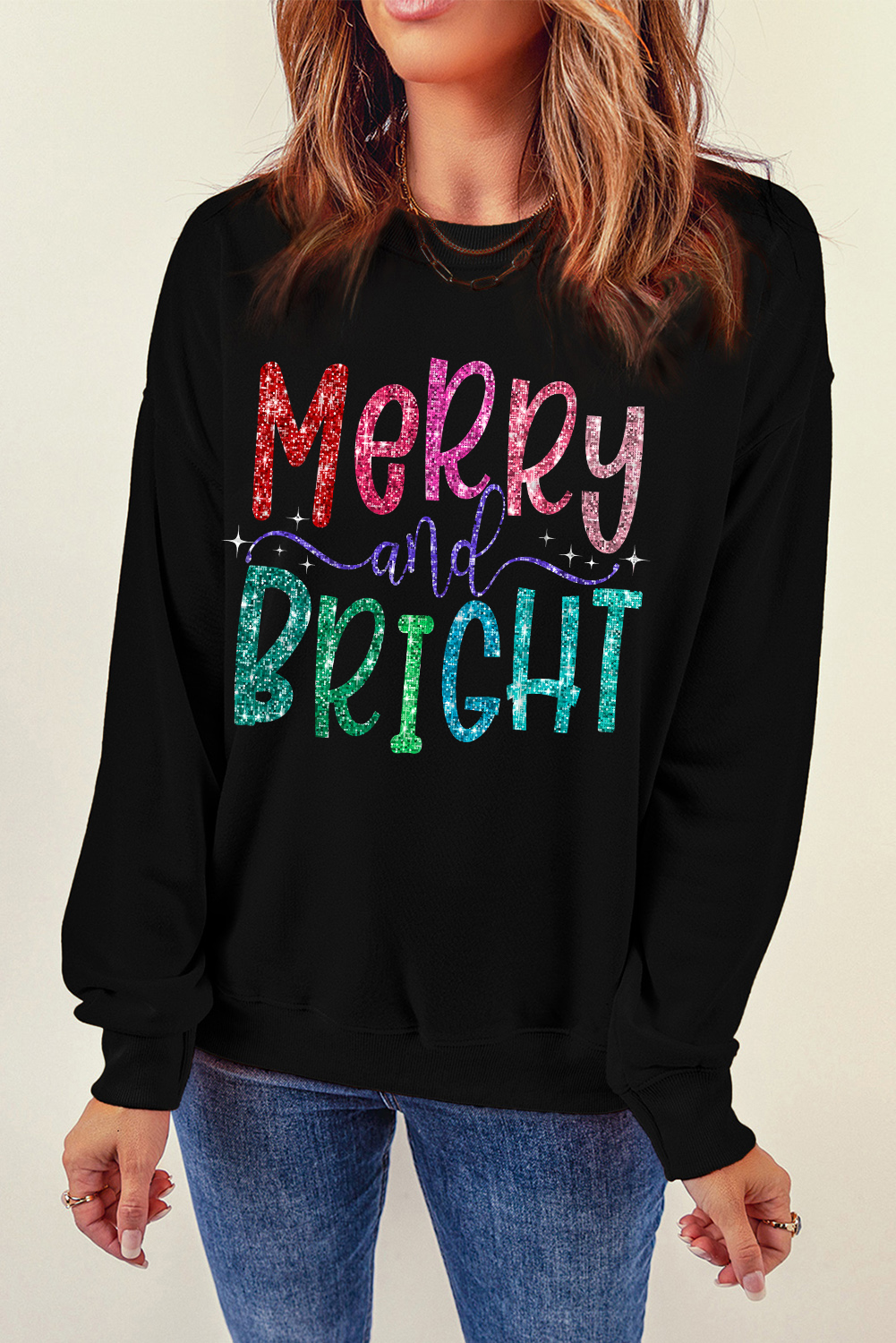 Black Merry and Bright Graphic Christmas Pullover Sweatshirt - loveforevers