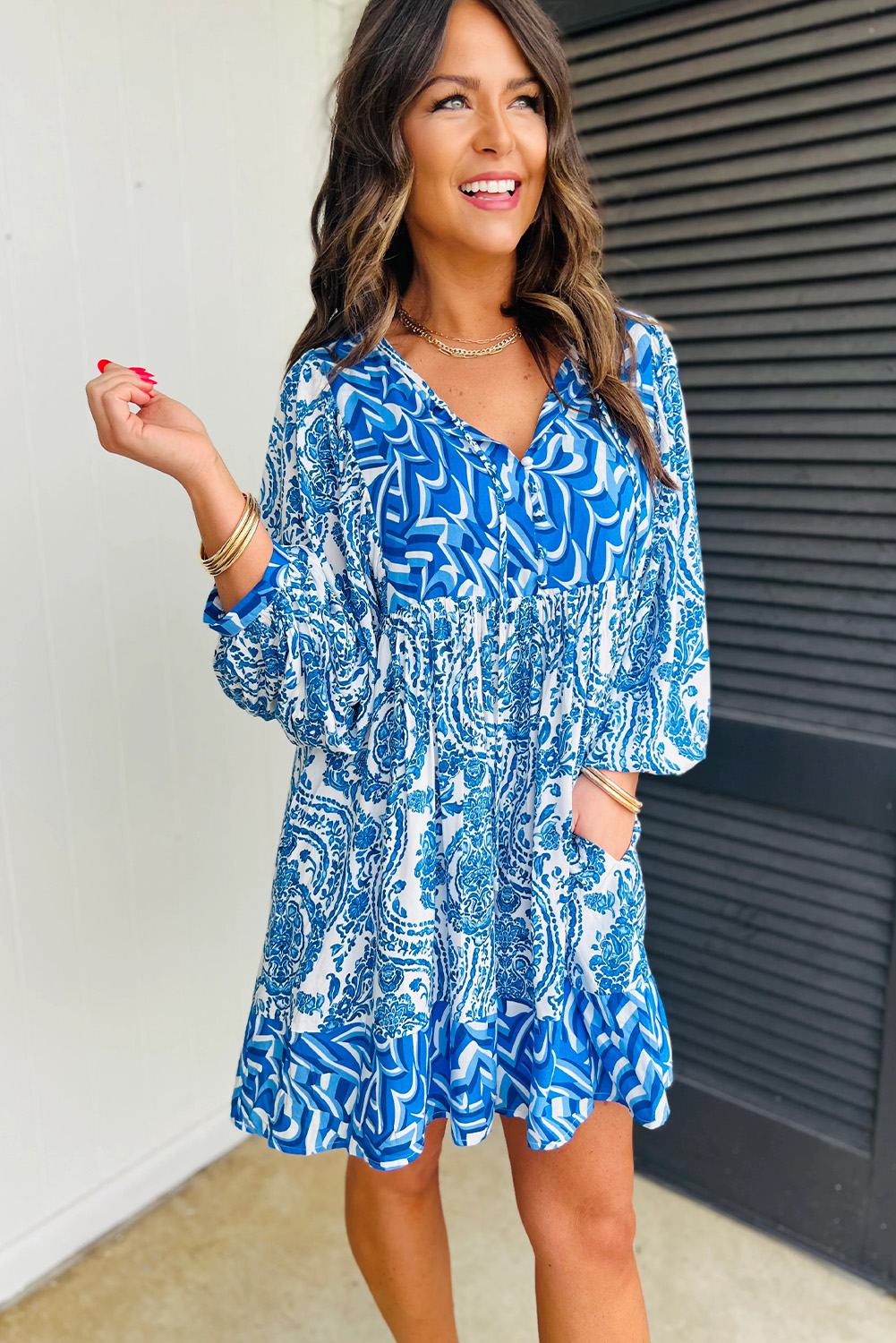 Sky Blue Bohemian Print Puff Sleeve Tied V Neck Flared Mini Dress - loveforevers