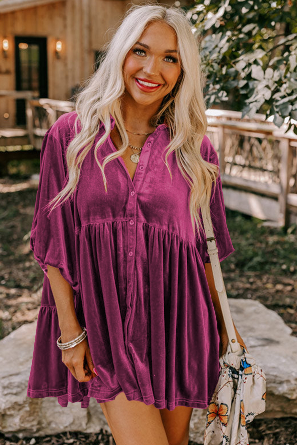 Burgundy 3/4 Sleeve Tunic Babydoll Velvet Shirt - loveforevers