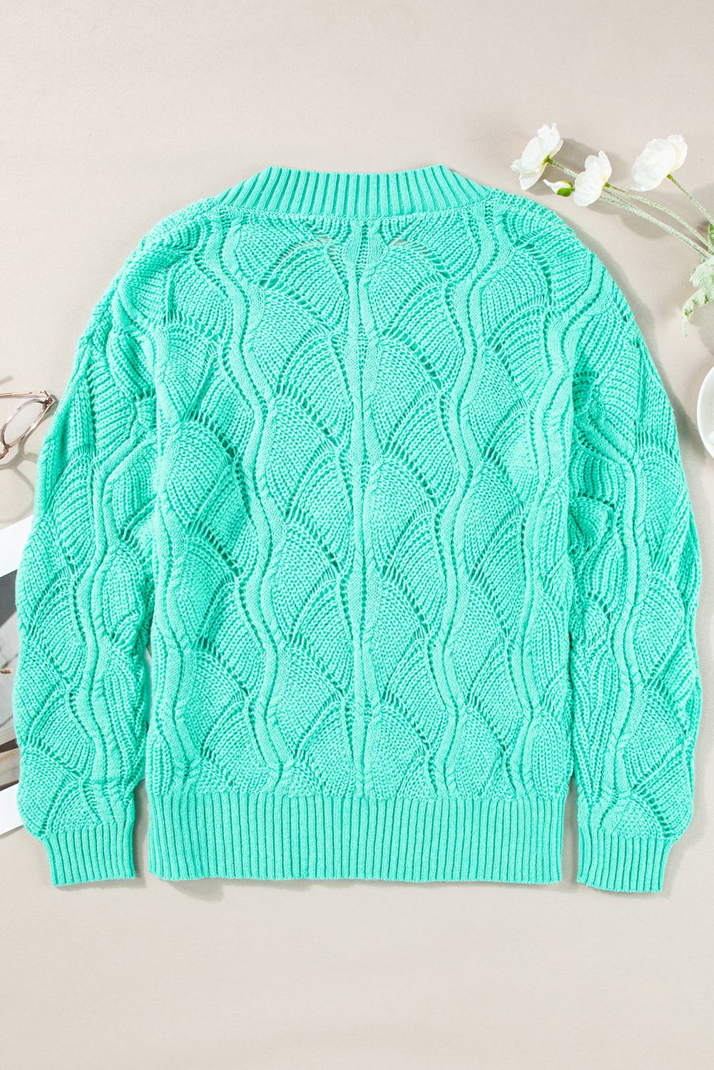 Beige Hollow Out Knit V Neck Drop Shoulder Sweater - loveforevers