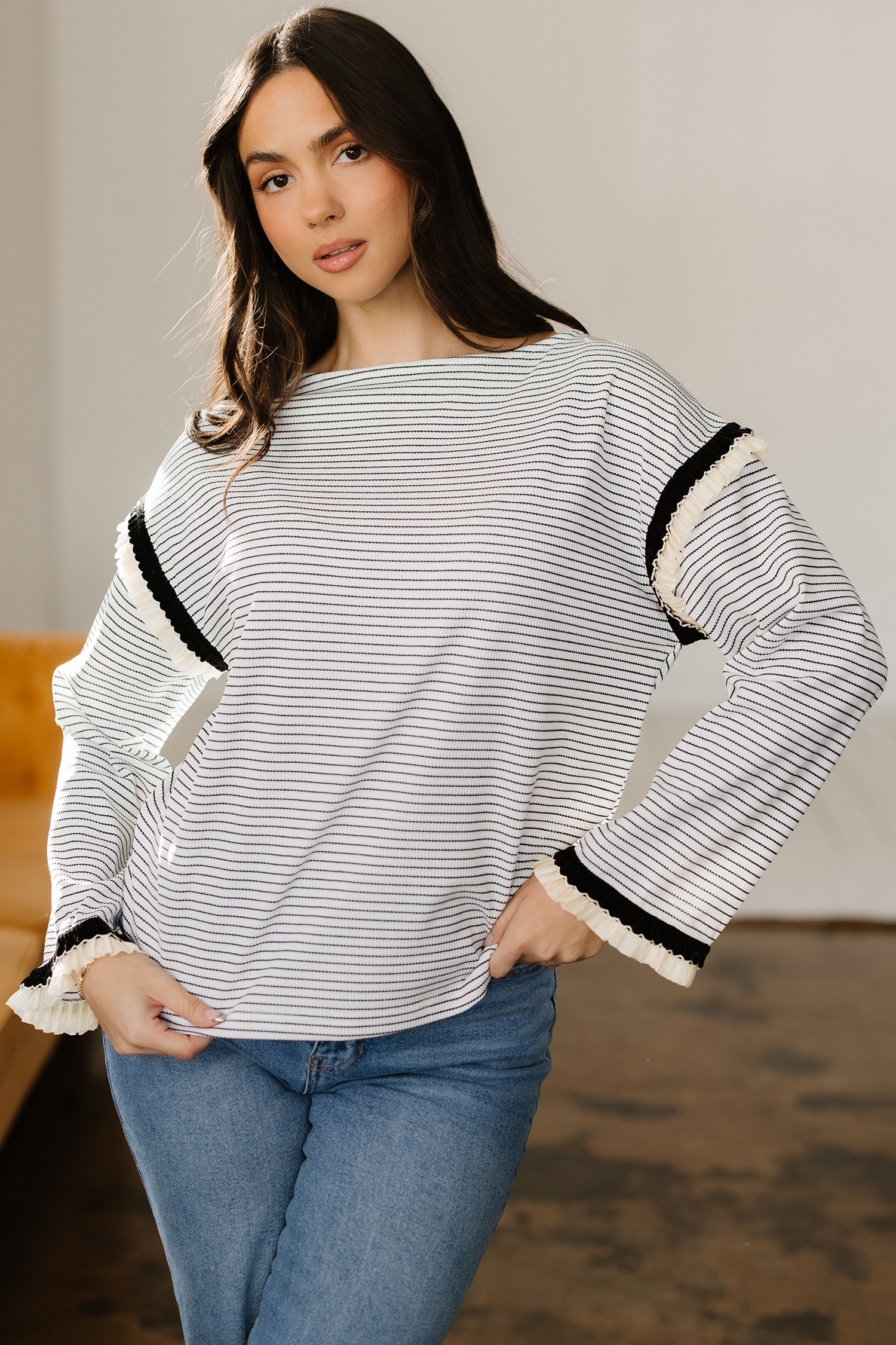 White Stripe Contrasted Ruffle Trim Loose Long Sleeve Top - loveforevers