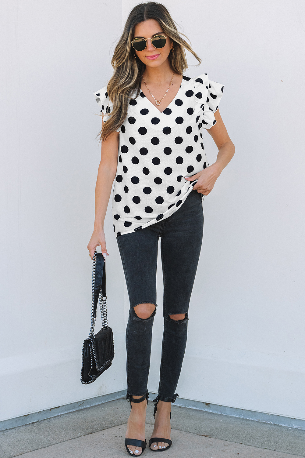 Black Polka Dot Print Ruffled Sleeve V Neck Blouse - loveforevers