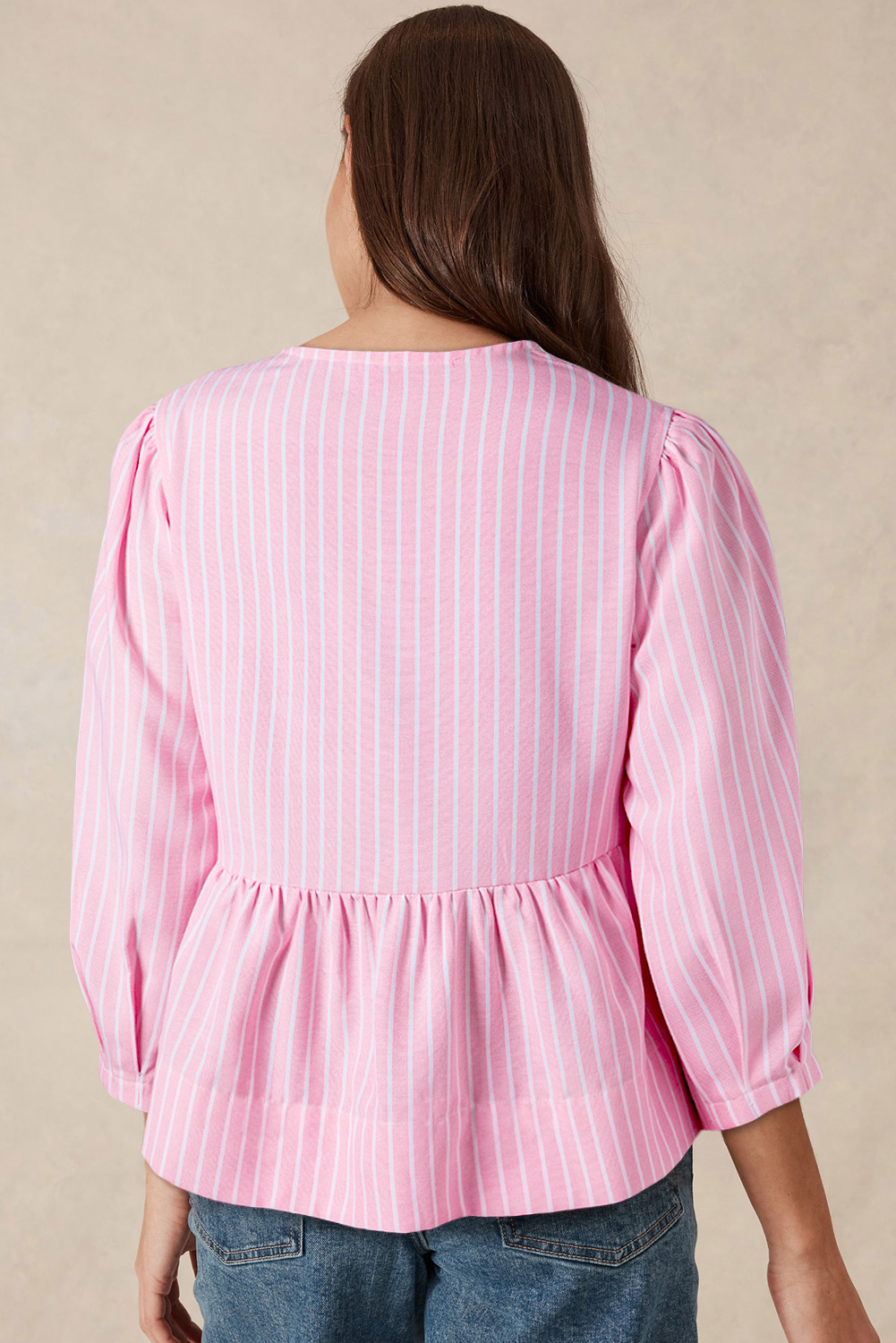 Pink Stripe Bowknot Front Crew Neck Puff Sleeve Blouse - loveforevers