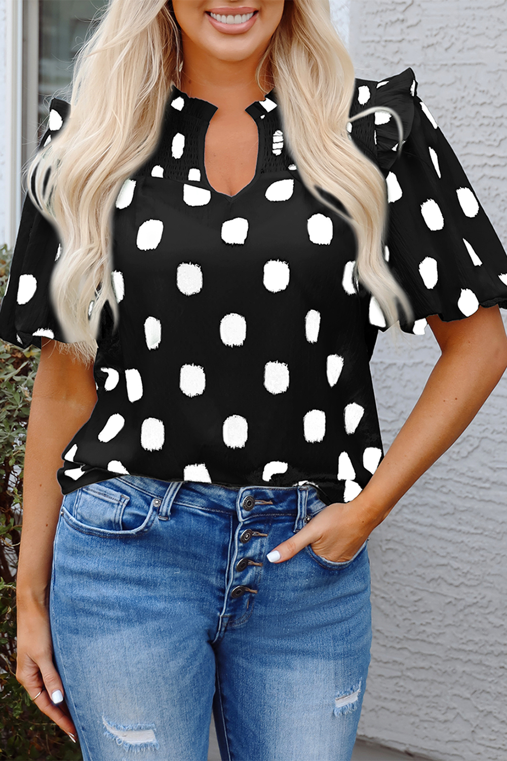 Black Polka Dot Print Shirred Yoke Notched Neck Balloon Sleeve Blouse - loveforevers