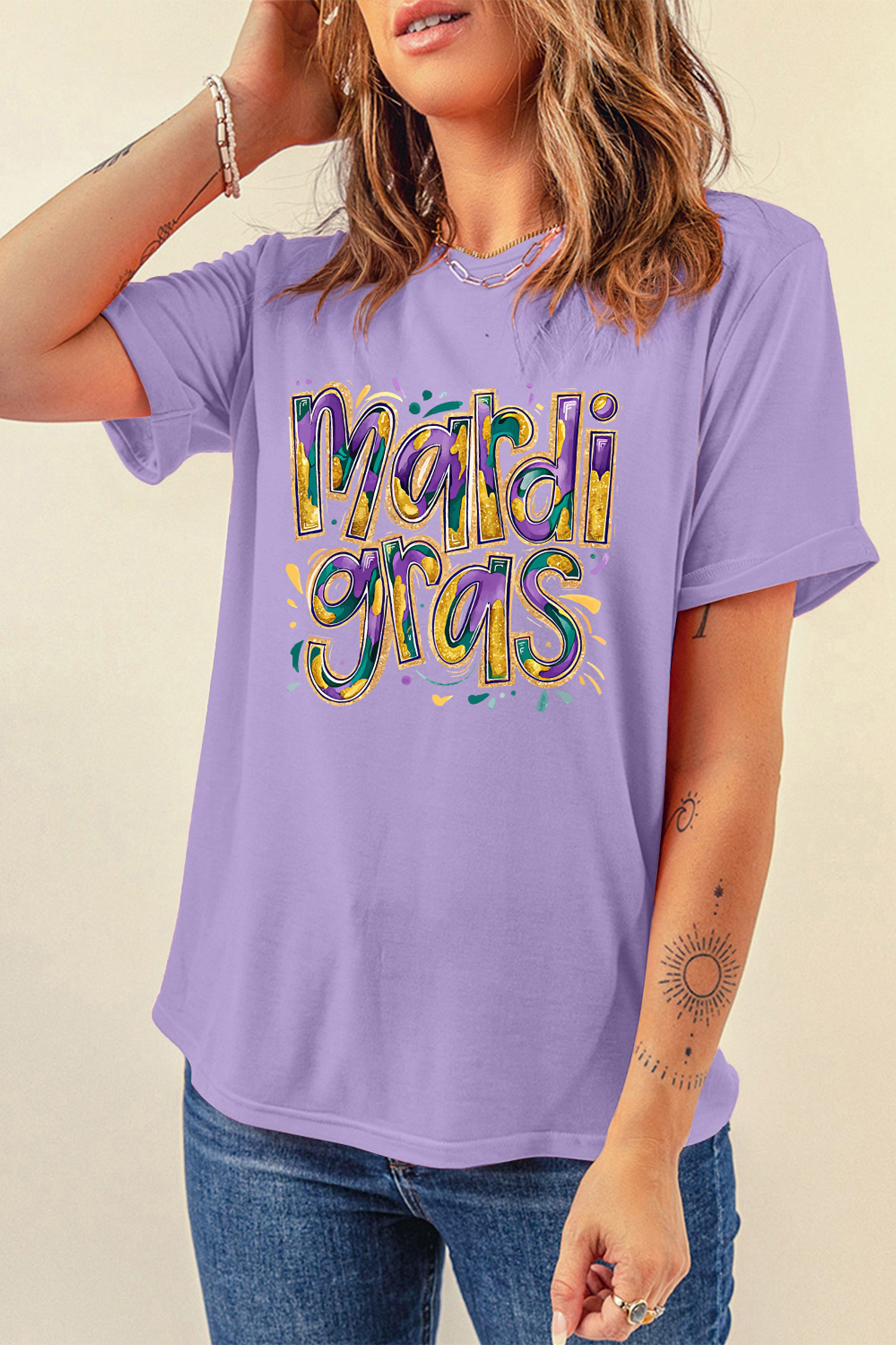 Wisteria mardi gras Cheerful Letter Graphic Tee - loveforevers