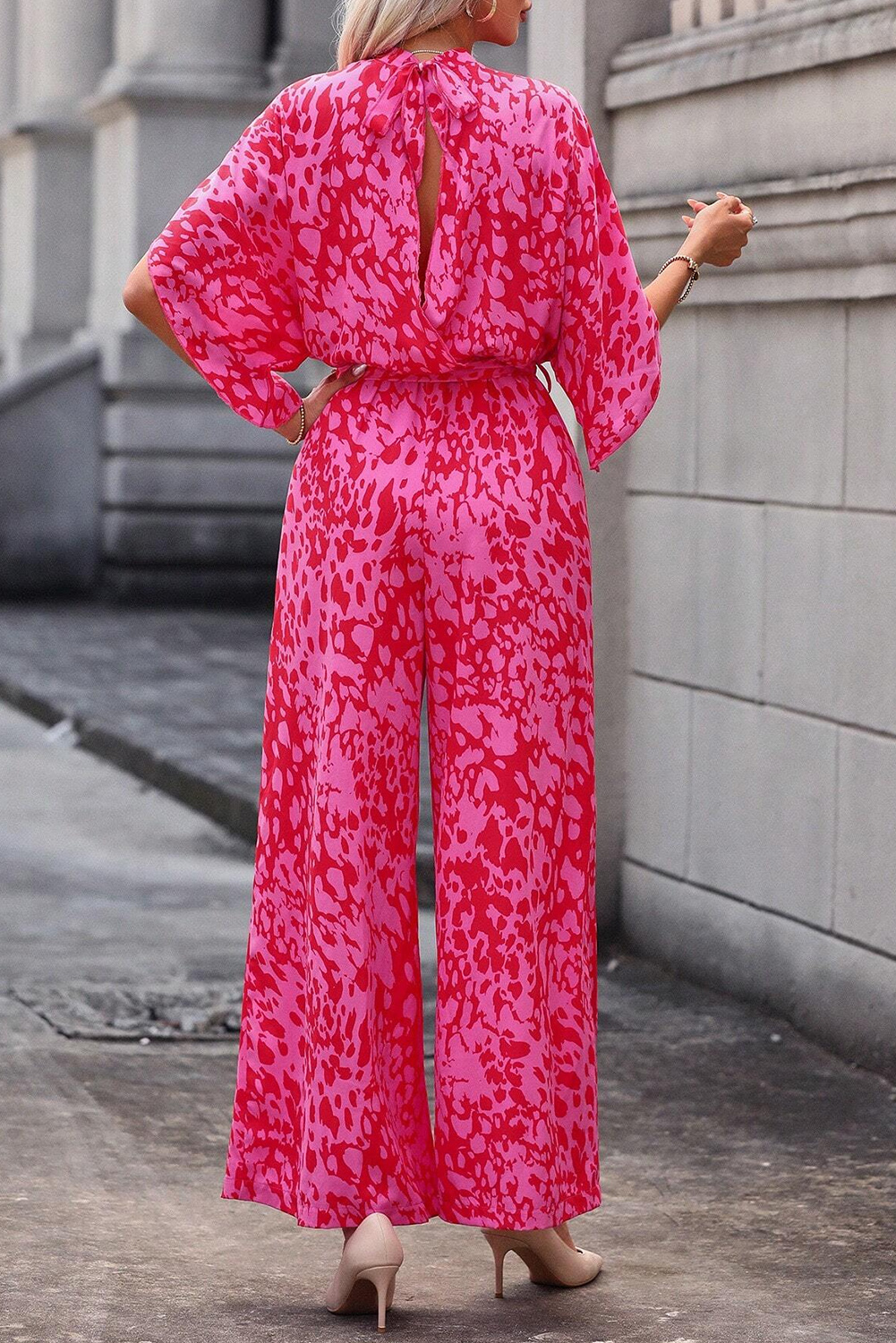 Rose Leopard Loose Sleeve Belted Wide Leg Jumpsuit - loveforevers
