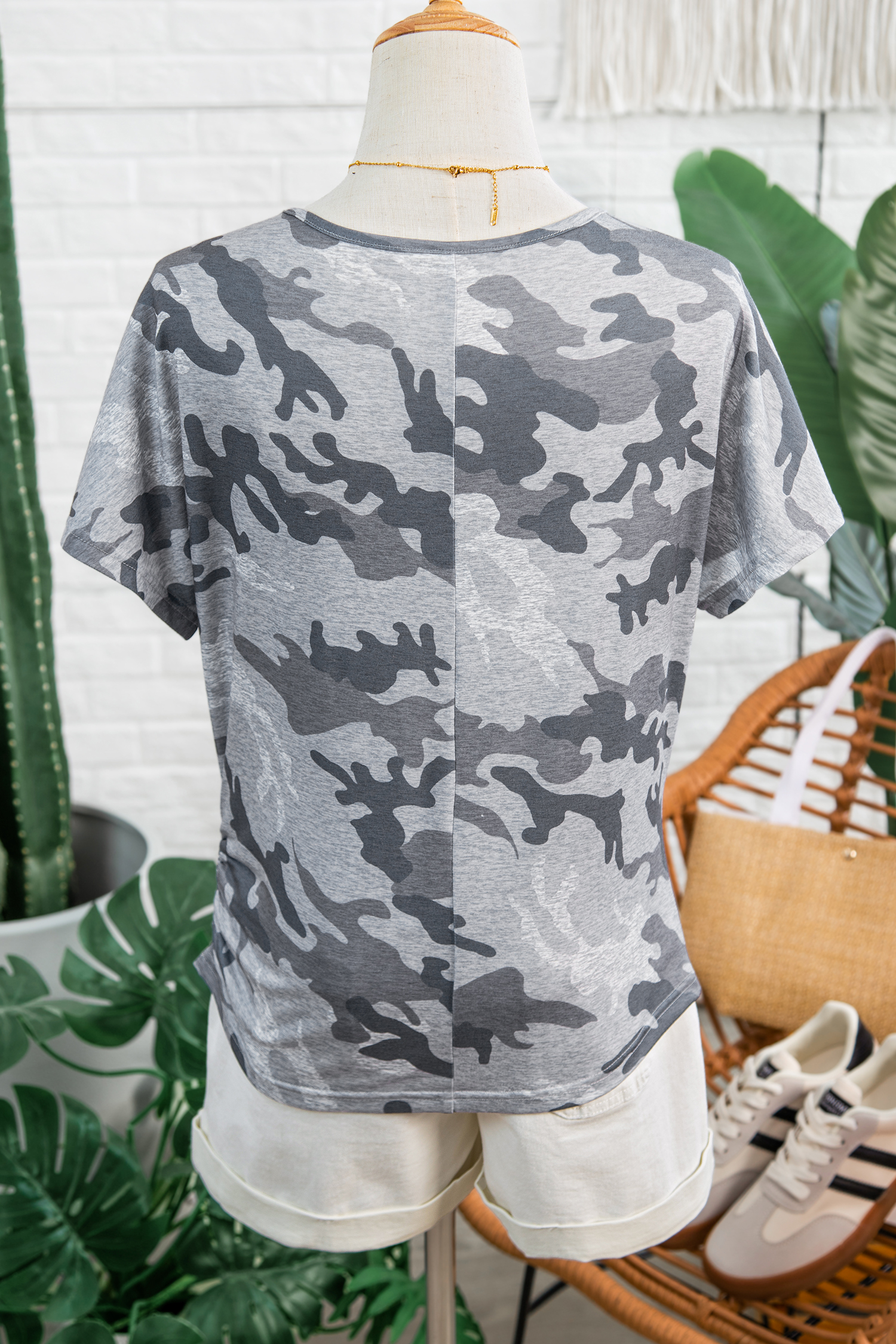 Gray Camouflage Print Round Neck T Shirt - loveforevers
