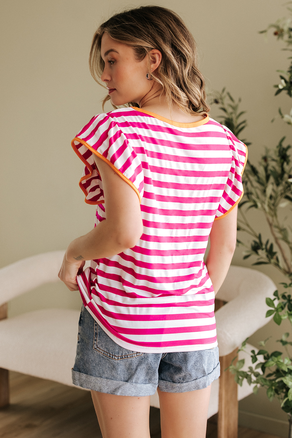 Rose Red Striped Ruffle Sleeve Crew Neck Blouse - loveforevers