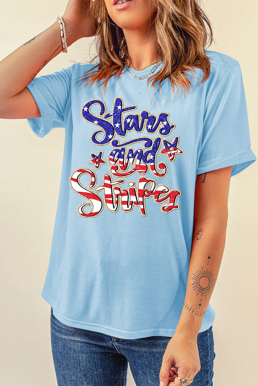 Light Blue Stars and Stripes Graphic July 4th Patriotic Tee - loveforevers