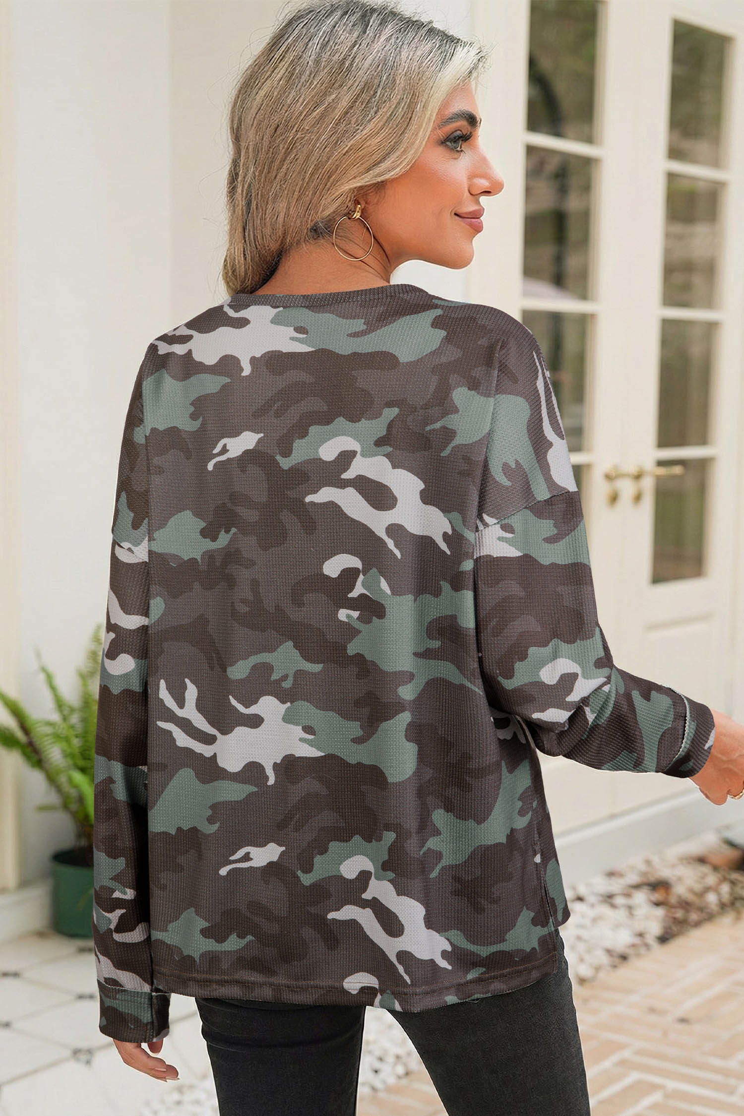 Green Camouflage Print Textured Drop Shoulder Long Sleeve Top - loveforevers