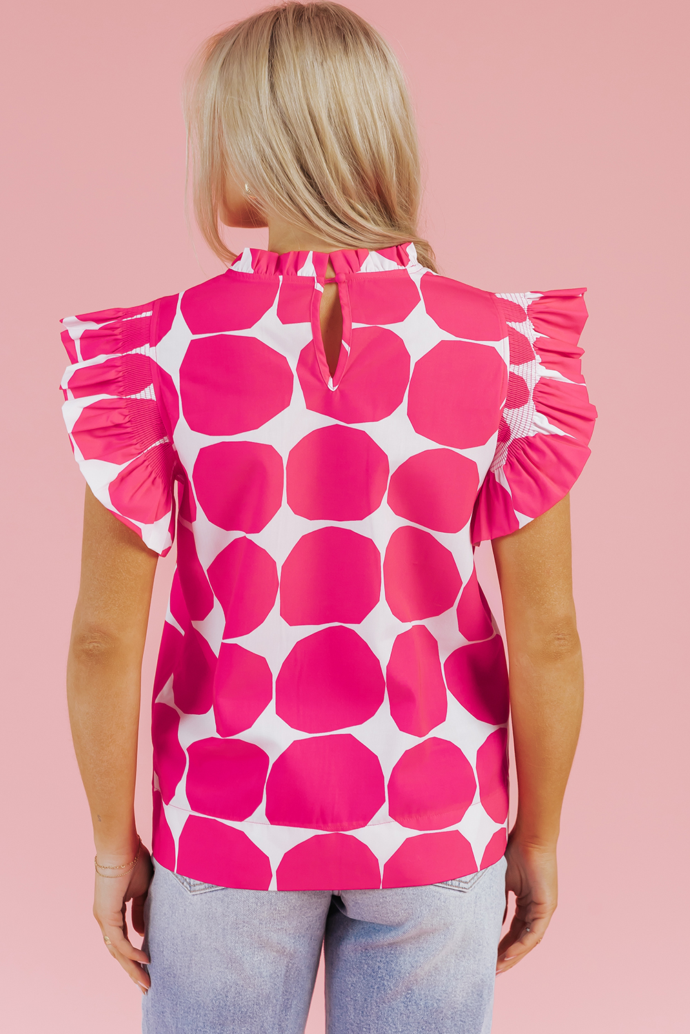 Rose Bubblegum Pattern Frilled Collar Flutter Sleeve Top - loveforevers