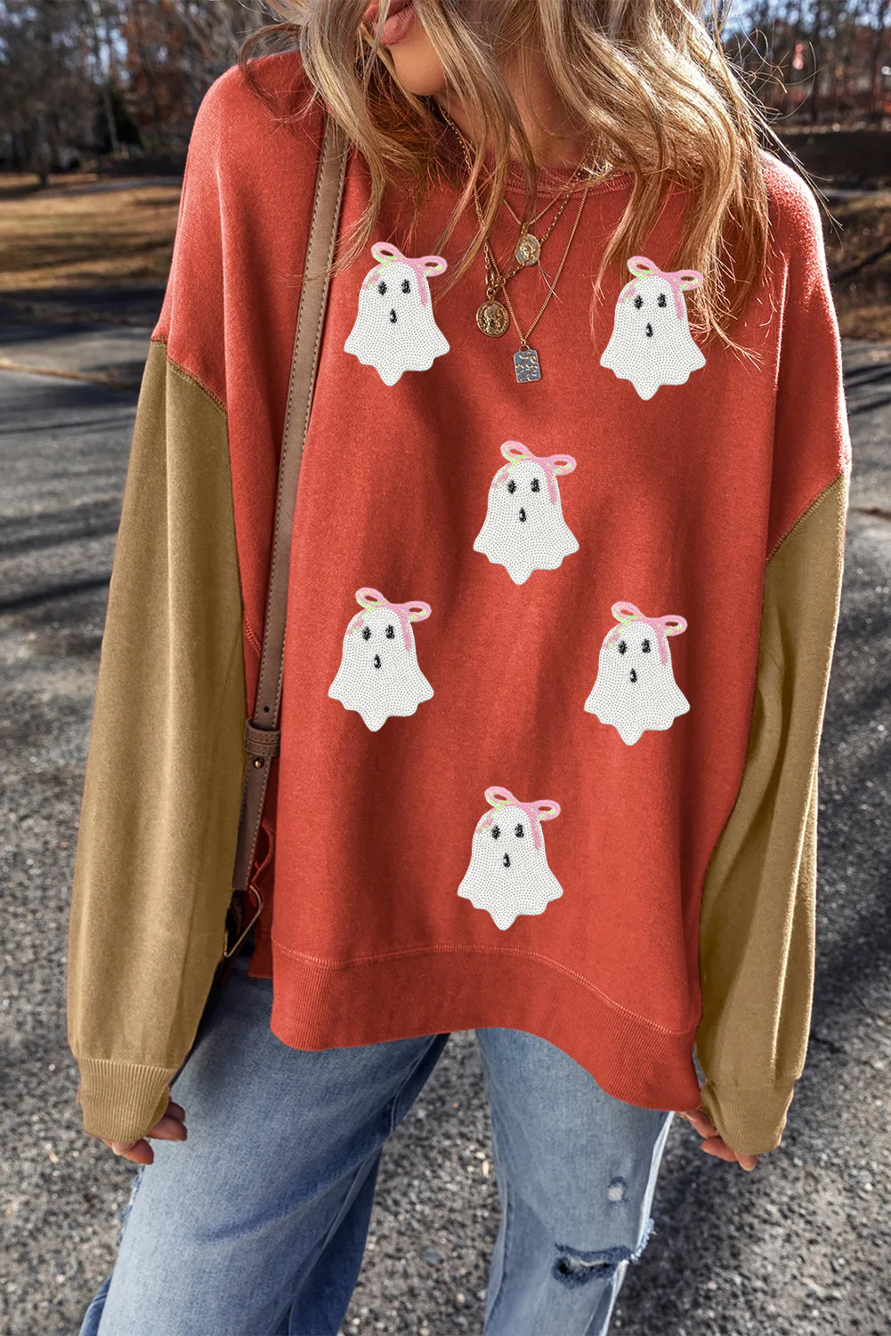 Gold Flame Glitter Ghost Patched Pattern Colorblock Sweatshirt - loveforevers