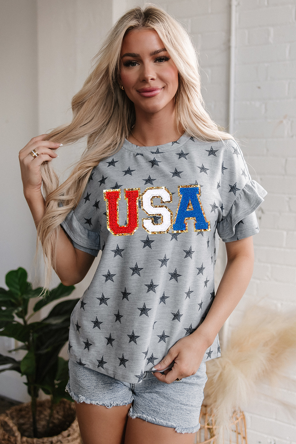 Gray USA Letter Patched Star Printed Ruffle Trim Sleeves Loose Tee - loveforevers