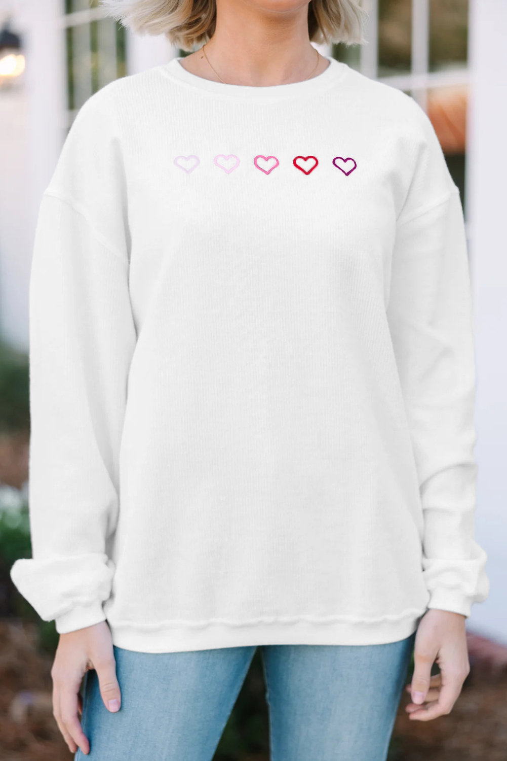 White 3d Ribbed XOXO Heart Embroidered Drop Shoulder Sweatshirt - loveforevers