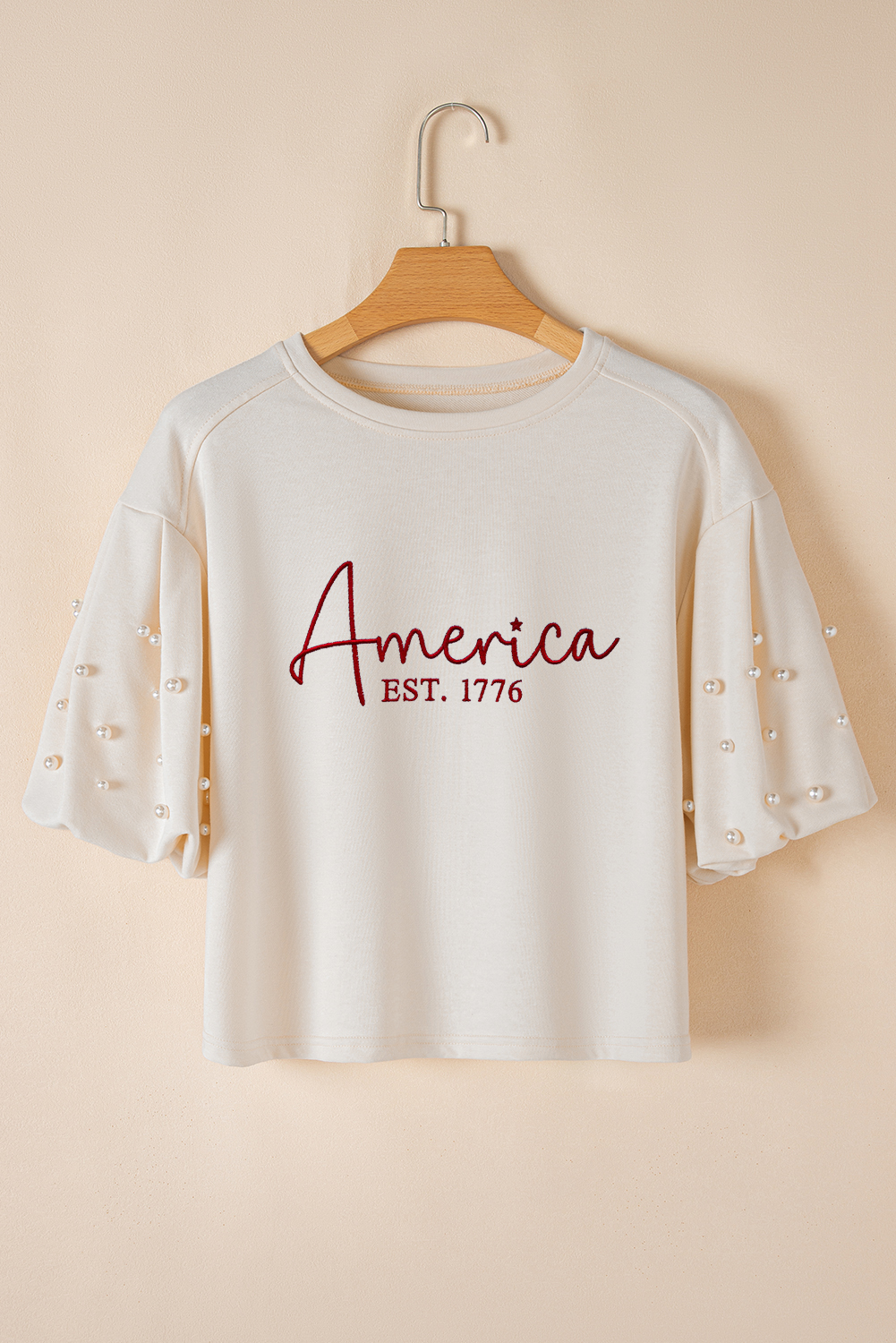 White America EST 1776 Embroidered Pearl Beaded Sleeve T Shirt - loveforevers