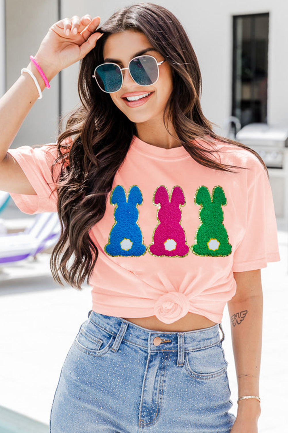 Pink Easter Bunny Chenille Patched Graphic Tee - loveforevers