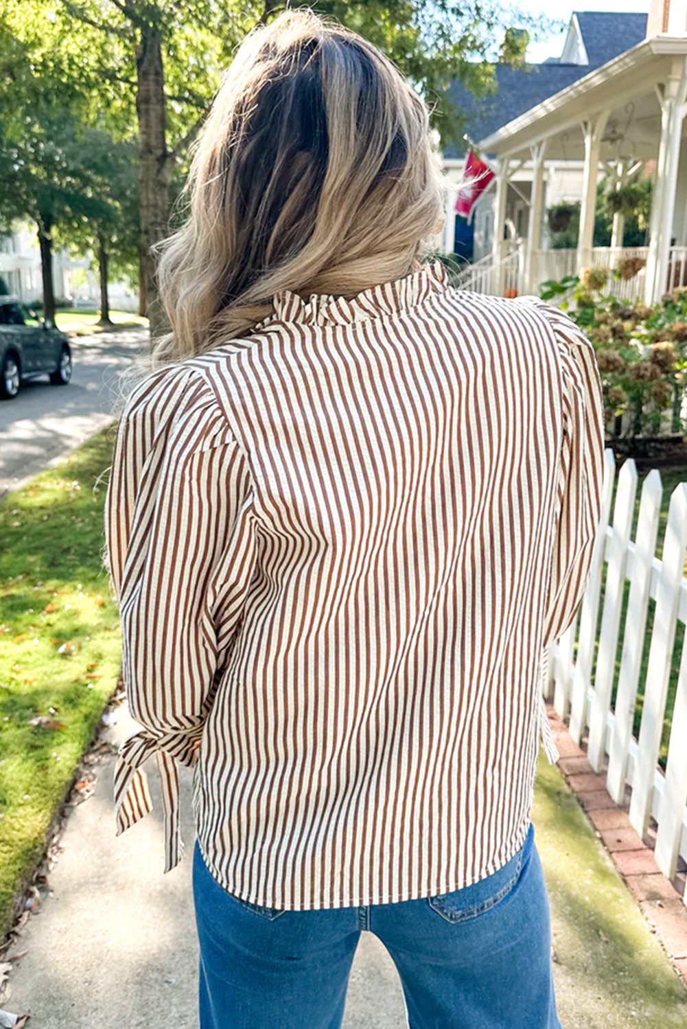 Straw Yellow Striped Print Tied Cuffs Split Neck Seersucker Blouse - loveforevers