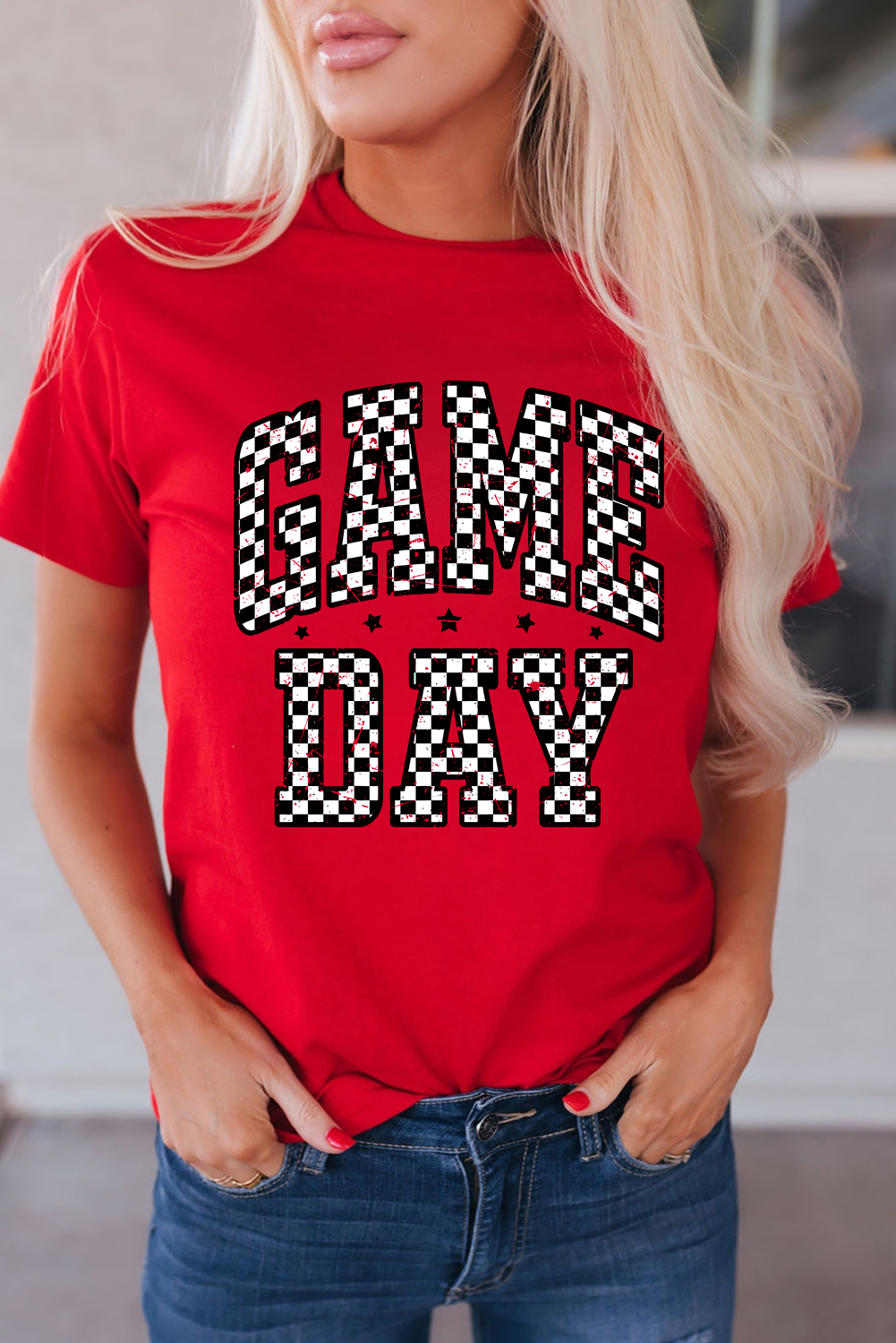 Red Checkered Game Day Graphic T Shirt - loveforevers