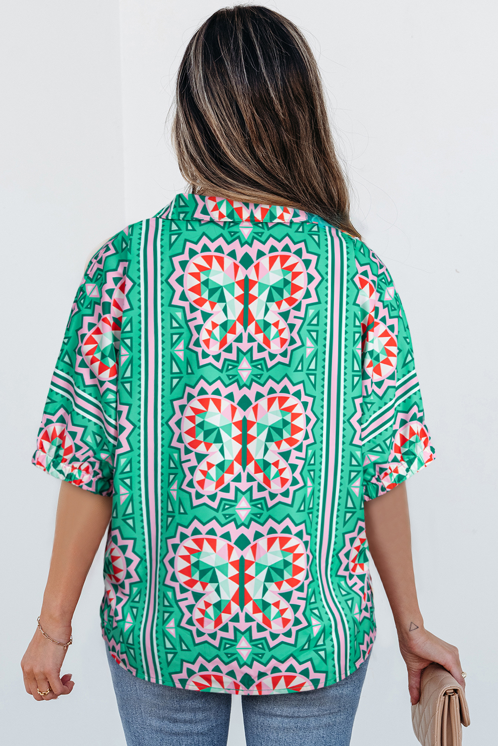 Sea Green Boho Abstract Print Contrast Striped Collared V Neck Blouse - loveforevers
