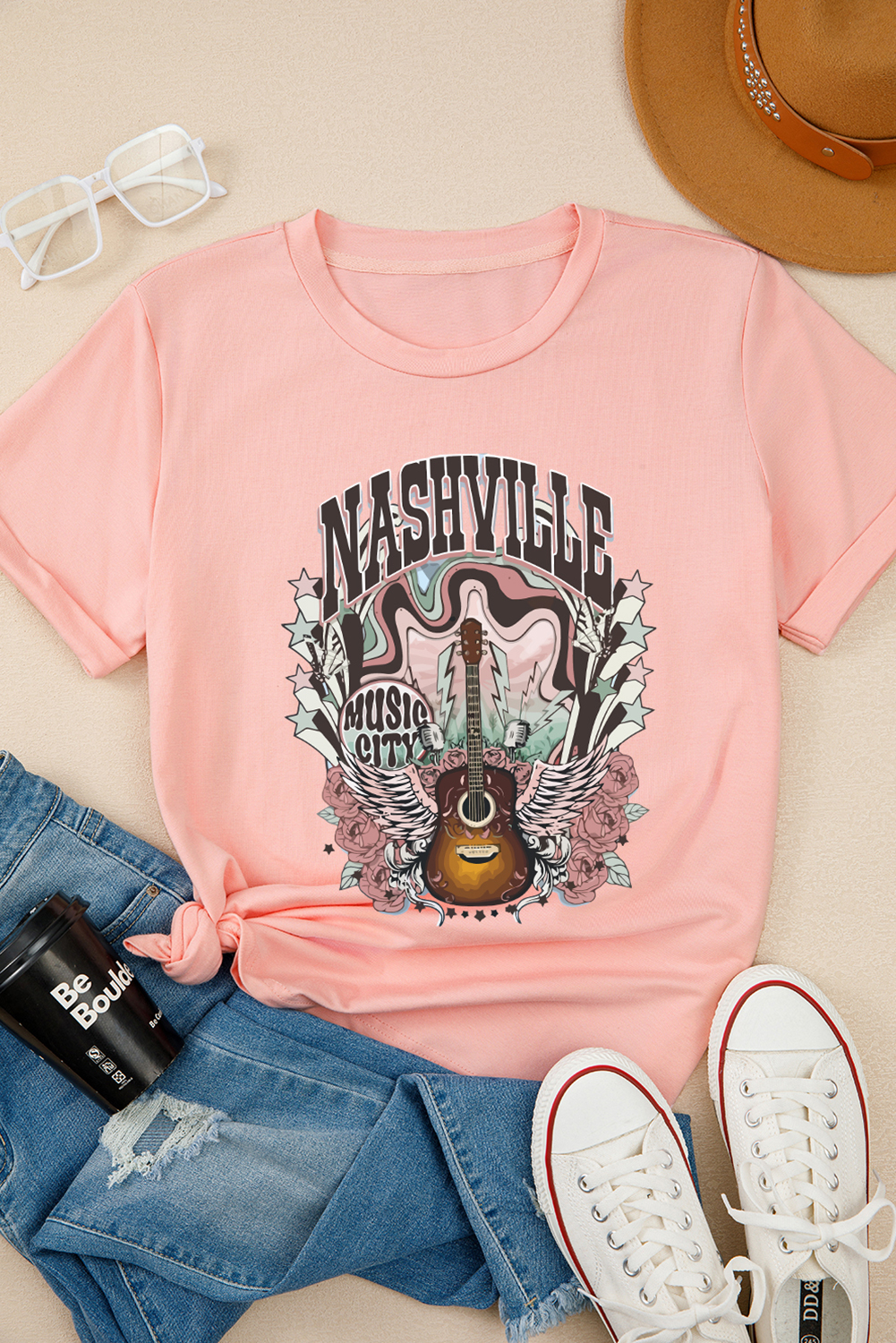 Pink NASHVILLE MUSIC CITY Guitar Graphic T Shirt - loveforevers