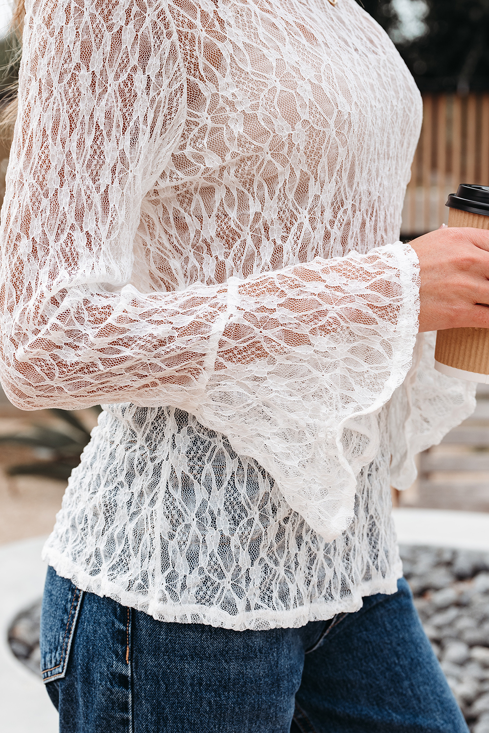 White Sheer Lace Bell Sleeve Mock Neck Blouse - loveforevers