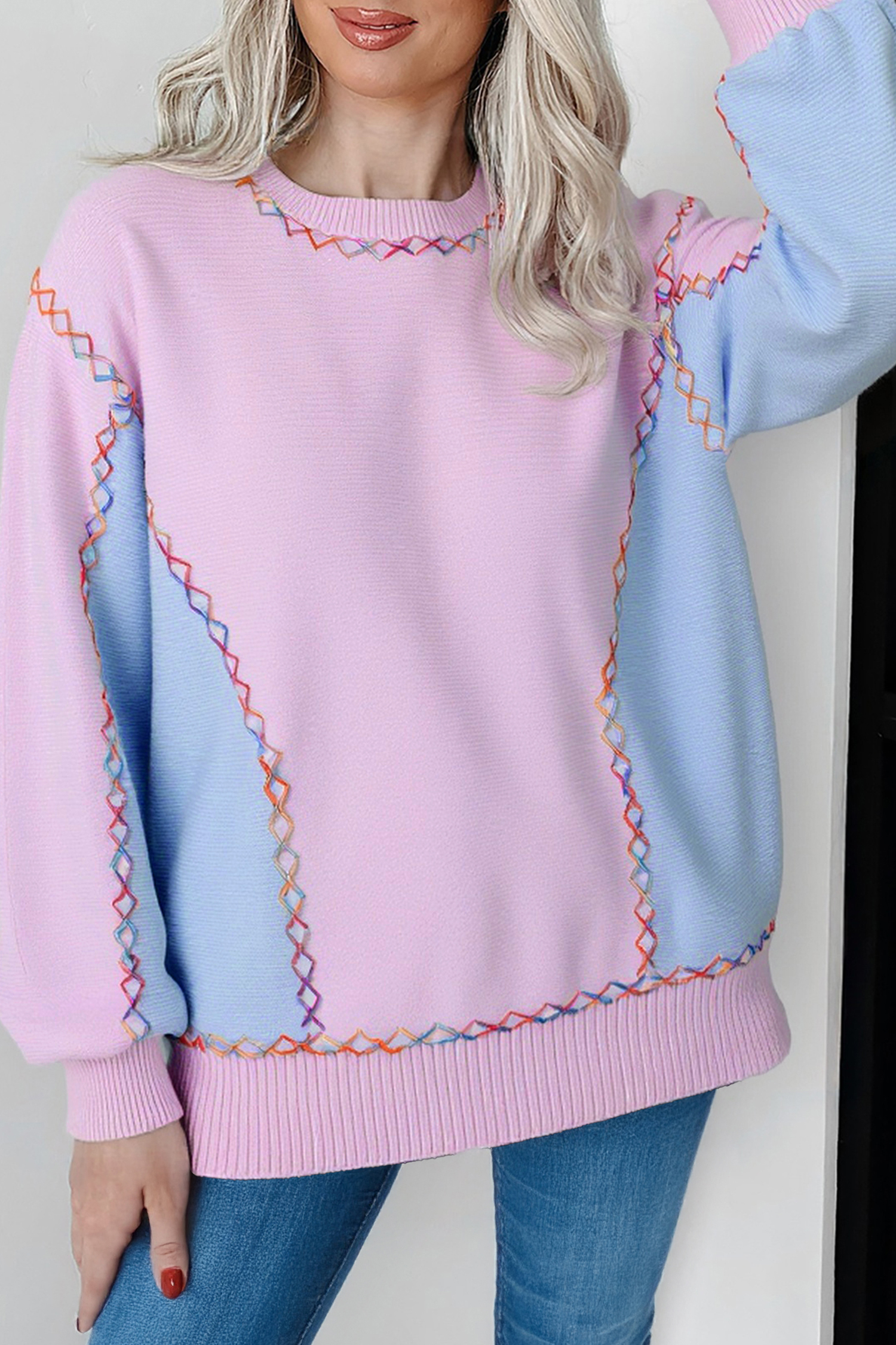 White Rainbow Stitching Balloon Sleeve Relaxed Sweater - loveforevers
