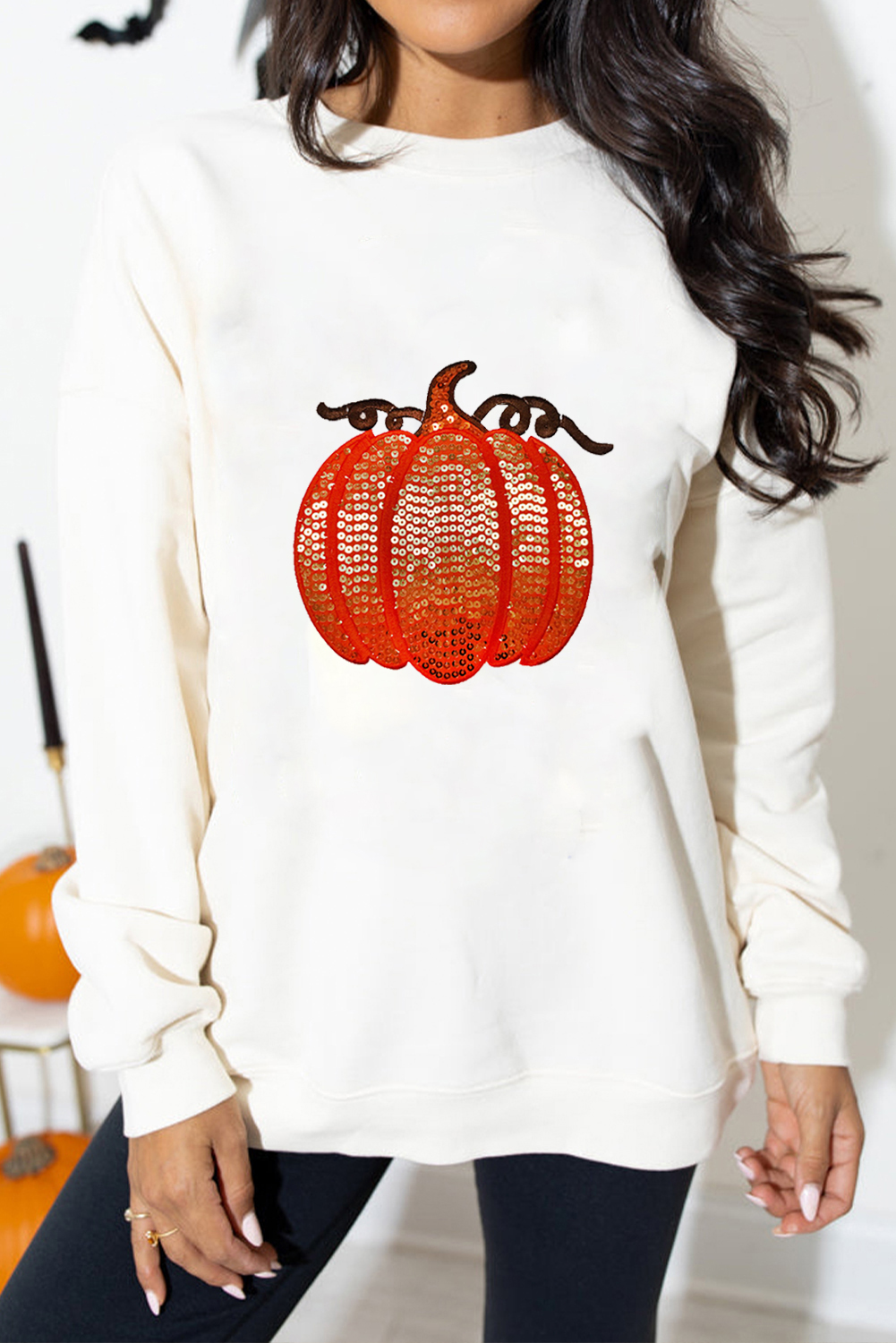 White Sequin Pumpkin Patched Casual Pullover Graphic Sweatshirt - loveforevers