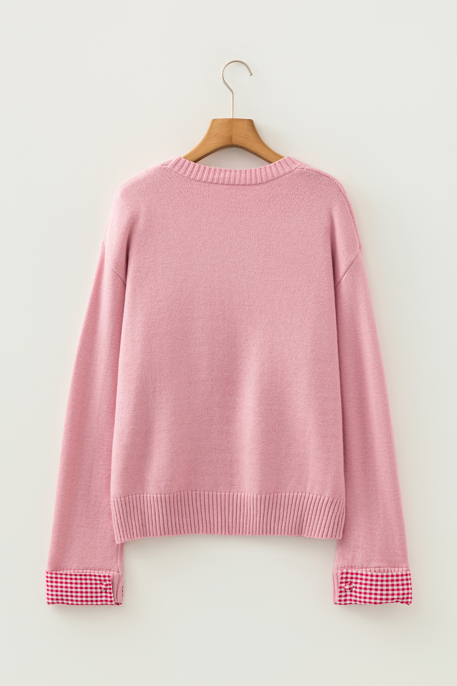 Light Pink Plaid Heart Embroidered Cuffed Drop Shoulder Crew Neck Sweater - loveforevers