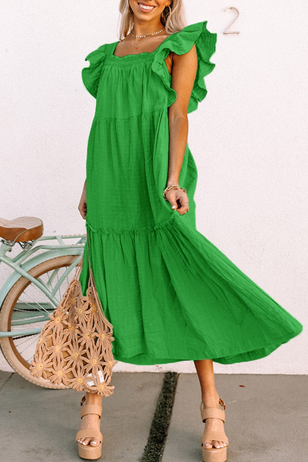 Sky Blue Ruffled Flutter Sleeve Square Neck Textured Tiered Maxi Dress - loveforevers